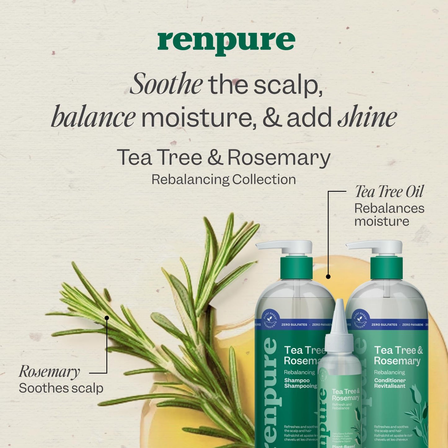 Renpure Tea Tree & Rosemary Shampoo & Conditioner Set | Plant-Based Refreshing Duo for Oily & Normal Hair | Scalp Balance | 24 Fl Oz Each, 2 Pack