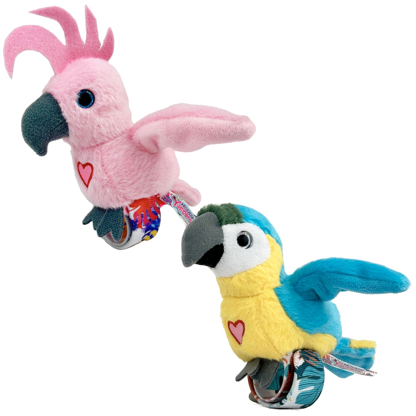 Happy Yappers: Birds 2 Pack - Cokatoo & Blue Parrot - Slap Bracelet Interactive Plush Toy Birds, They Chat-Sing-Mimic Each Other, Flap Wings, Kids 3+