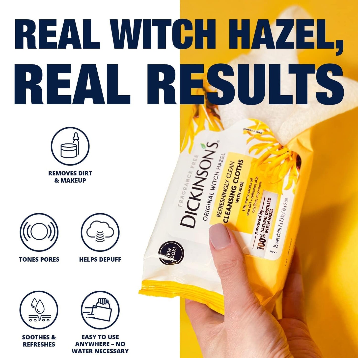 Dickinson's Witch Hazel Cleansing Cloths with Aloe – 100% Natural, Extra-Large, Refreshes & Cleans Skin, 25 Cloths Pack