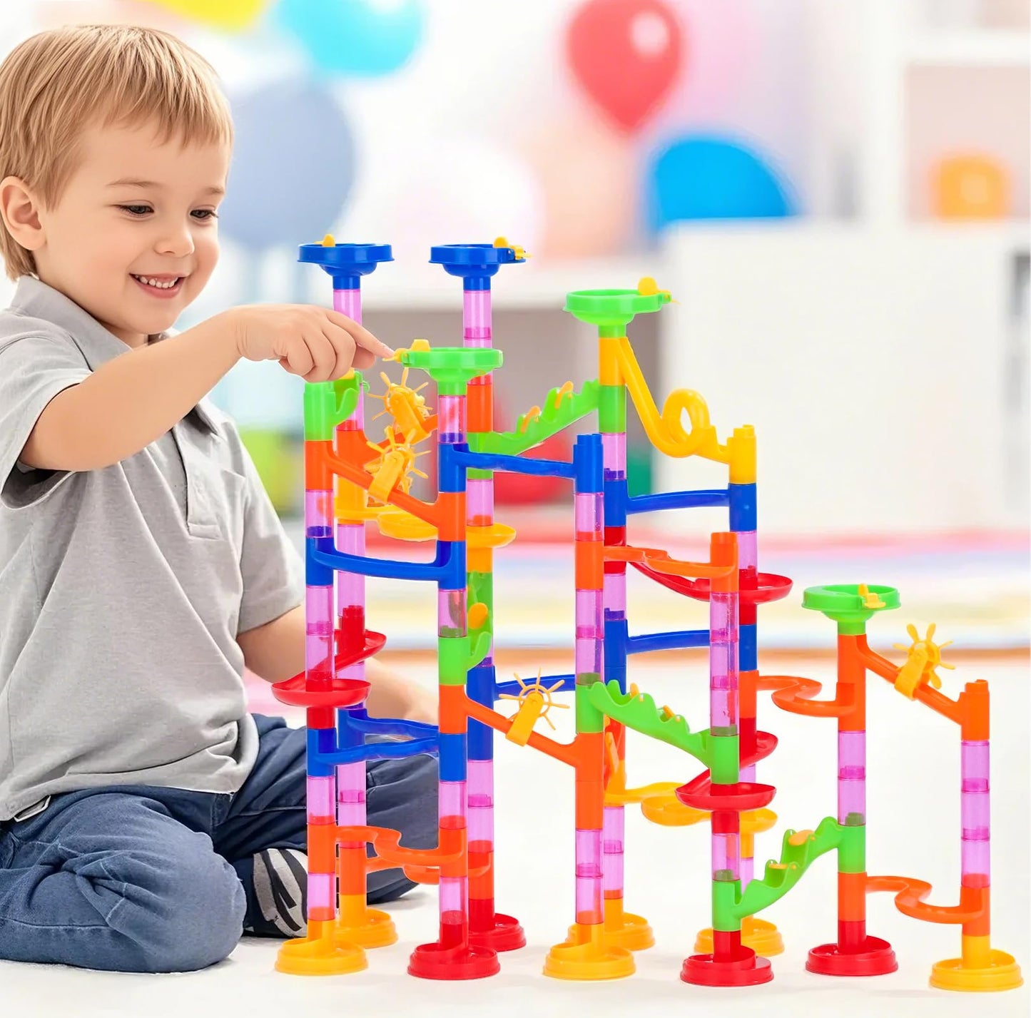 Gifts2U Marble Run Toy, 130Pcs Educational Construction Maze Block Toy Set with Glass Marbles for Kids and Parent-Child Game