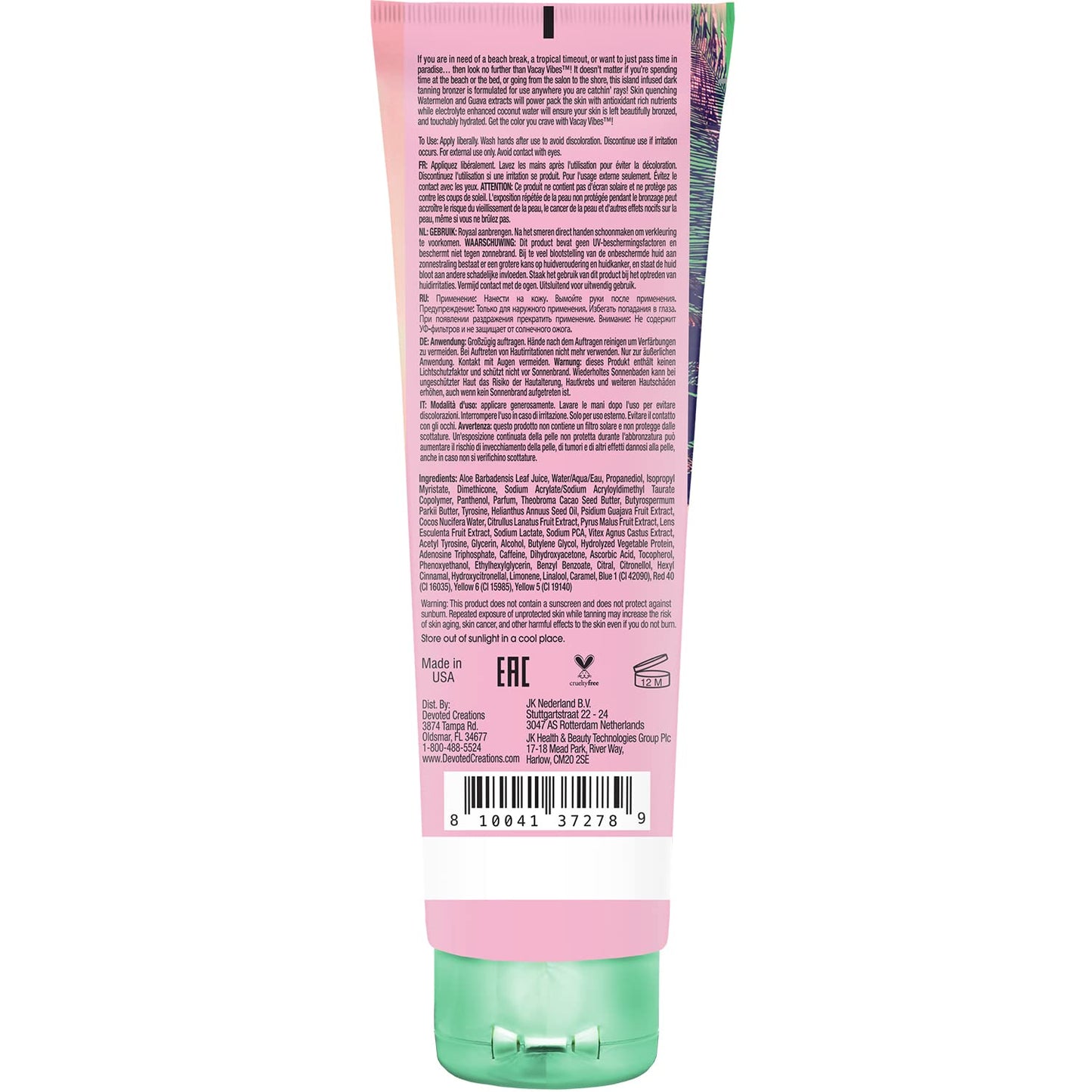 Devoted Creations Vacay Vibes Tanning Lotion 8.5 oz – Indoor/Outdoor Tropical Bronzer with Watermelon, Guava & Coconut Water for Hydrated Glow