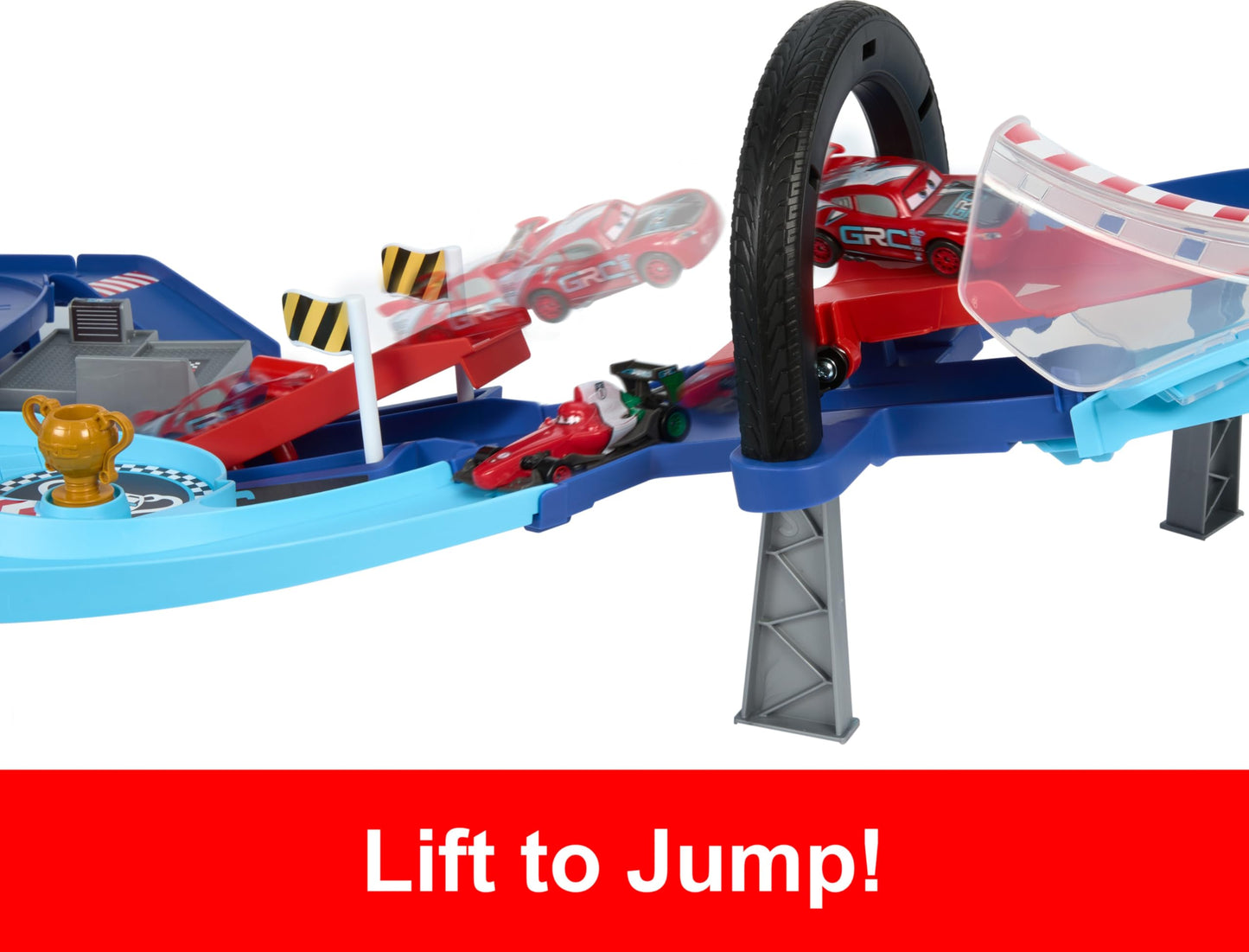 Mattel Disney and Pixar Cars Playset with 2 Toy Cars, Lightning McQueen & Francesco Bernoulli, GRC Jumping Raceway Track Set with Kid-Powered Booster
