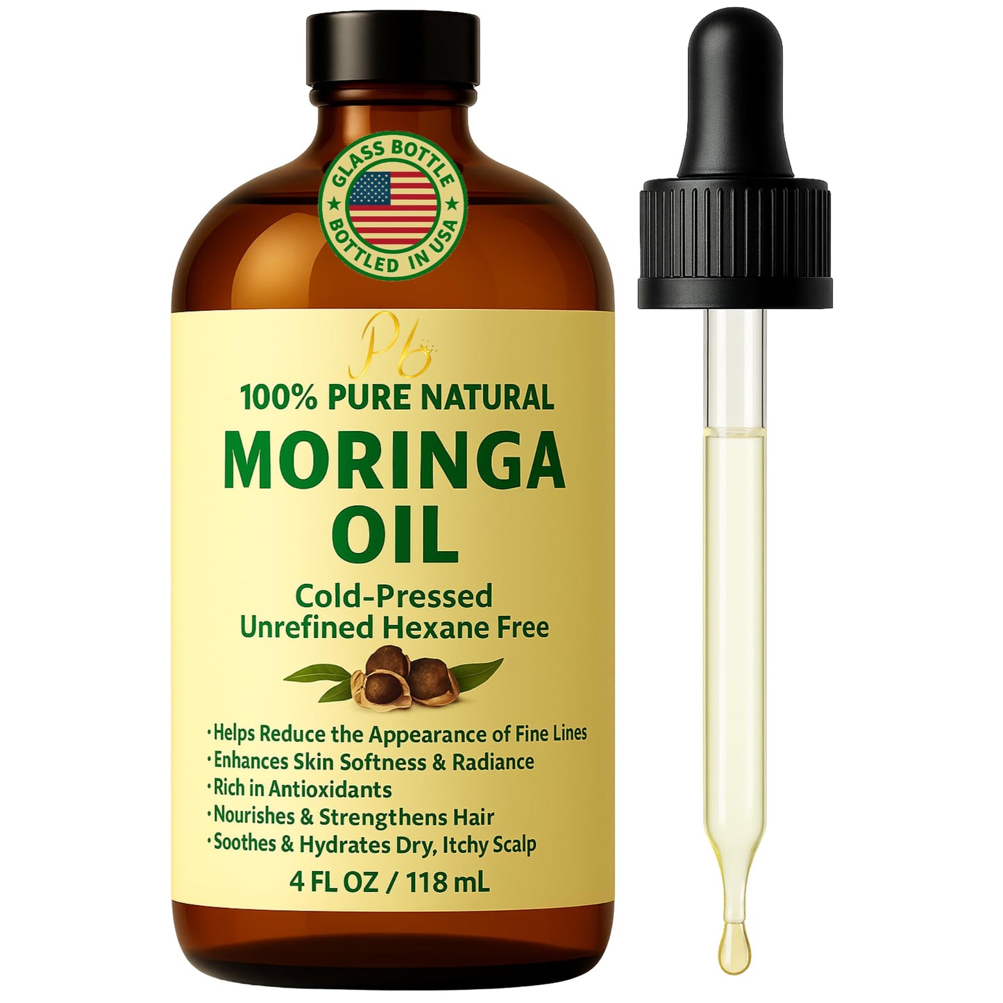 Moringa Oil 100% Pure, Cold-Pressed & Unrefined – Face, Skin, Hair & Body Moisturizer, Hydrating & Anti-Aging – 4 fl oz Amber Bottle