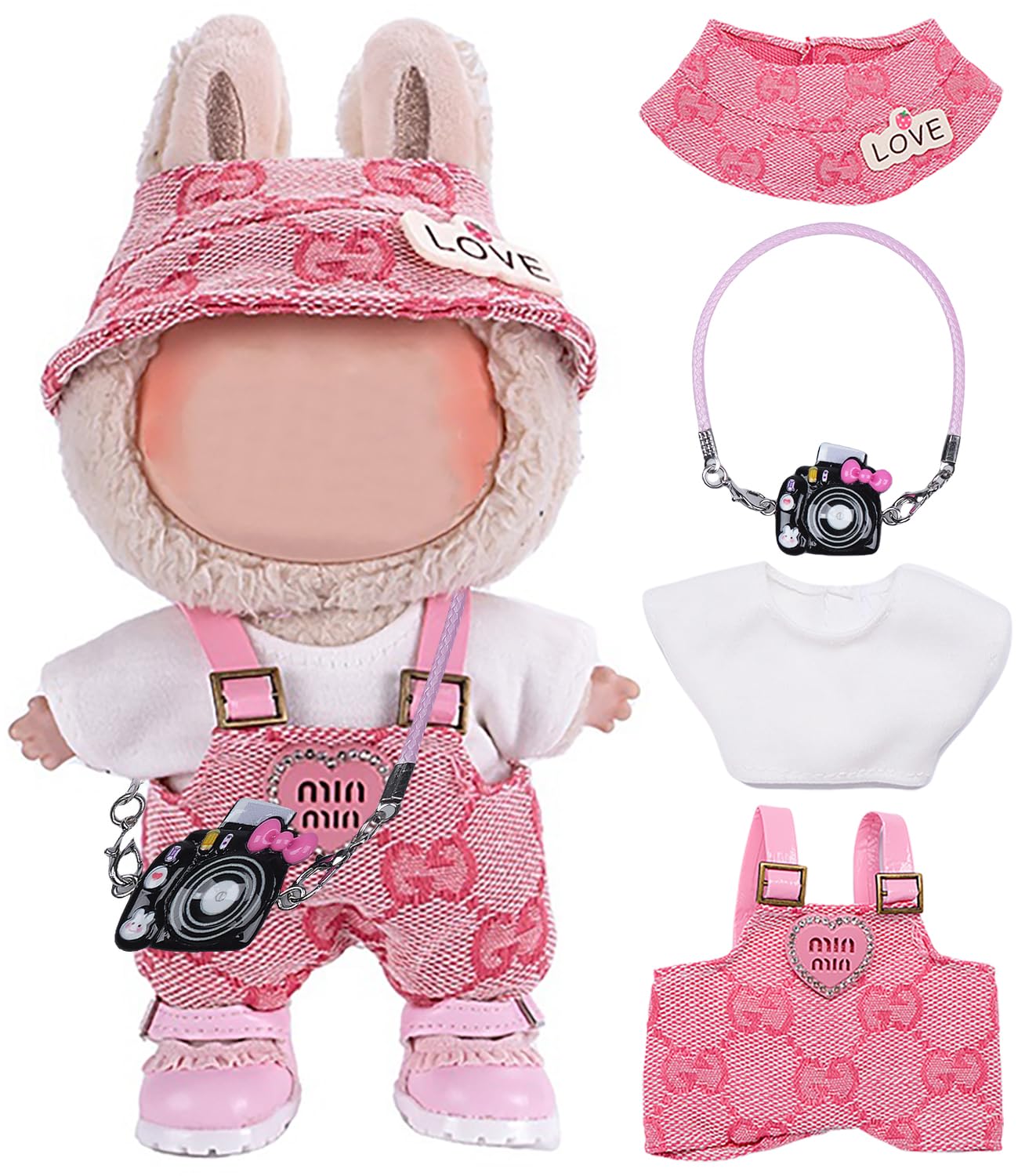 Ariker 4-Piece Doll Clothes Set for 15-17cm Labubu Dolls – Pink Outfit with Top, Overalls, Hat & Handbag (No Doll/Shoes) AK060PK