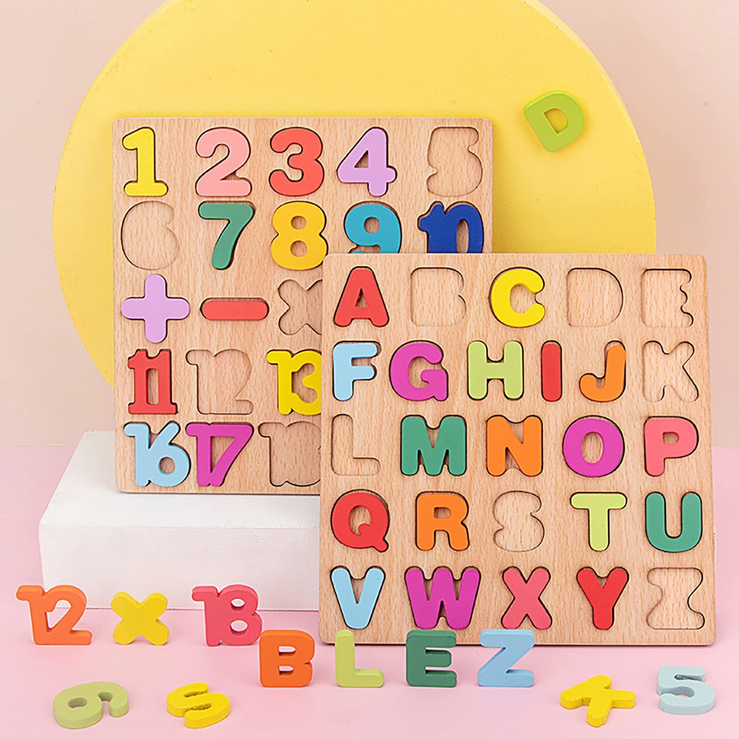 Wooden Puzzles for Toddlers – 3-Pack Alphabet & Number Shape Puzzles, Montessori Learning Toy for Kids Ages 3, Boys & Girls