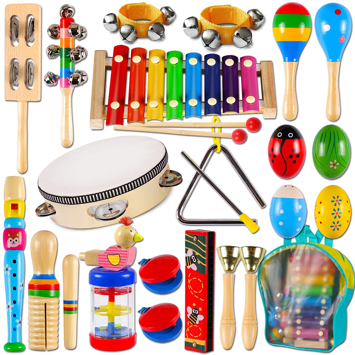 LOOIKOOS Wooden Toddler Musical Instruments Set – Preschool Educational Percussion Toys for Kids, Boys & Girls with Storage Bag