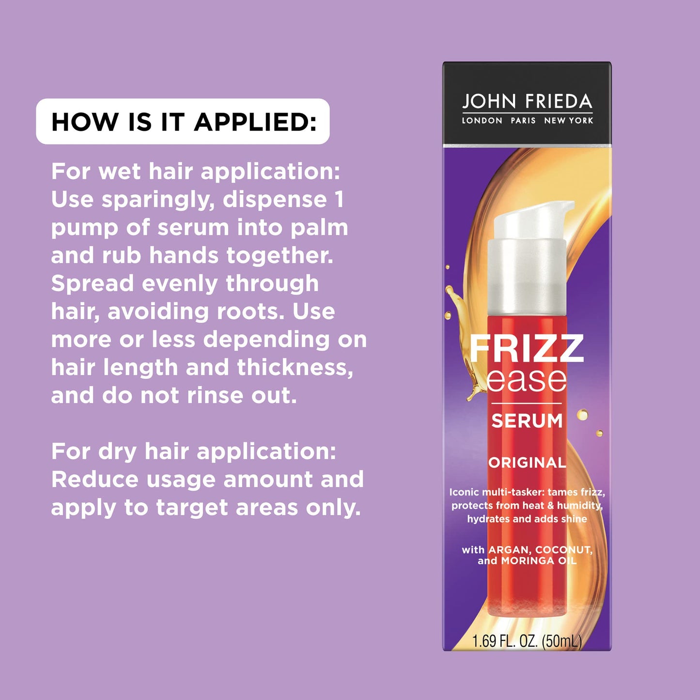John Frieda Frizz Ease Original Hair Serum 1.69 Oz – Anti-Frizz, Heat & Humidity Protectant with Argan, Coconut & Moringa Oil for Smooth, Shiny Hair