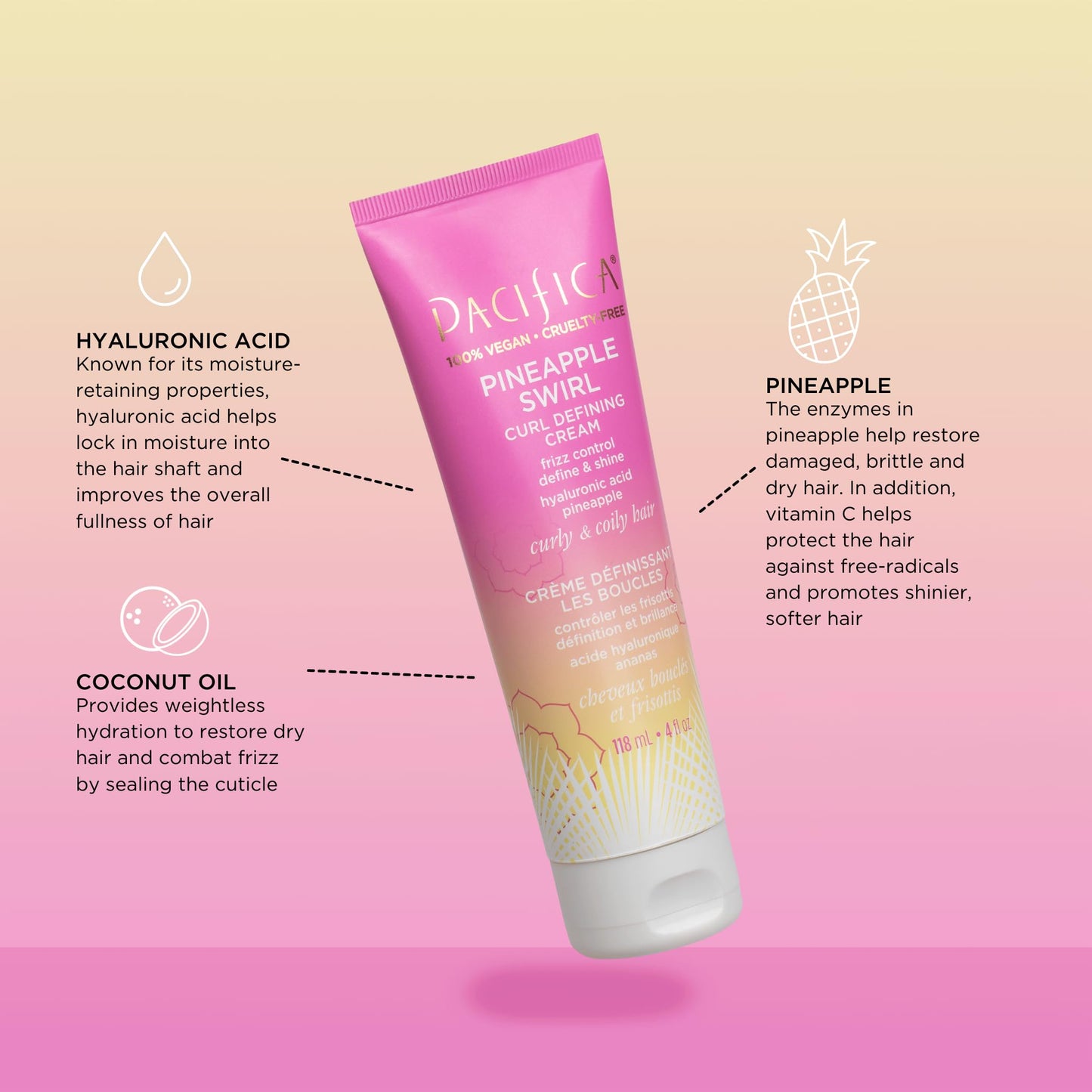 Pacifica Pineapple Swirl Curl Defining Cream – Coconut Oil & Hyaluronic Acid for Bouncy, Soft, Frizz-Free Curly Hair – 4 Oz