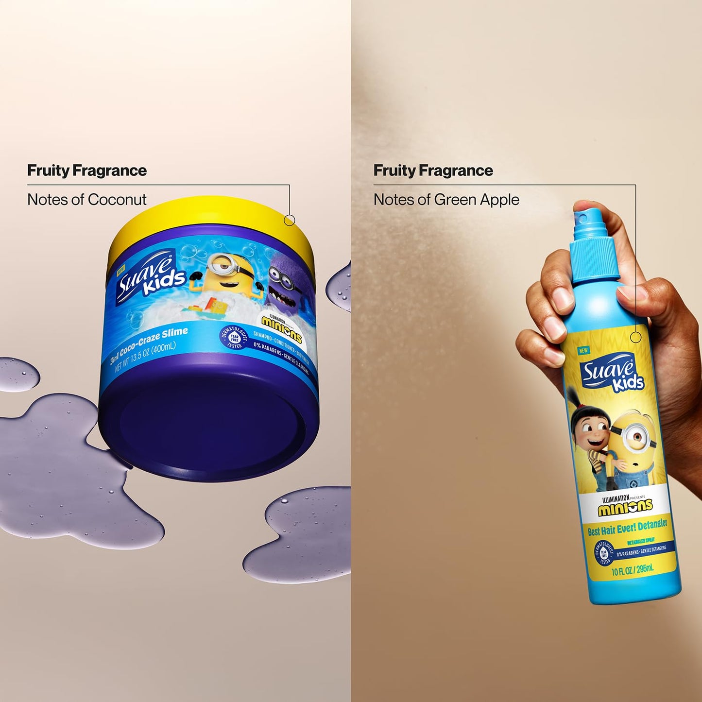 Suave Kids Minions 3-in-1 Hair & Body Wash Bundle – Coco-Craze Slime & Fun Fresh Shampoo, Conditioner, Body Wash + Detangler Spray, 3 Pc Set, 28 Oz Ea