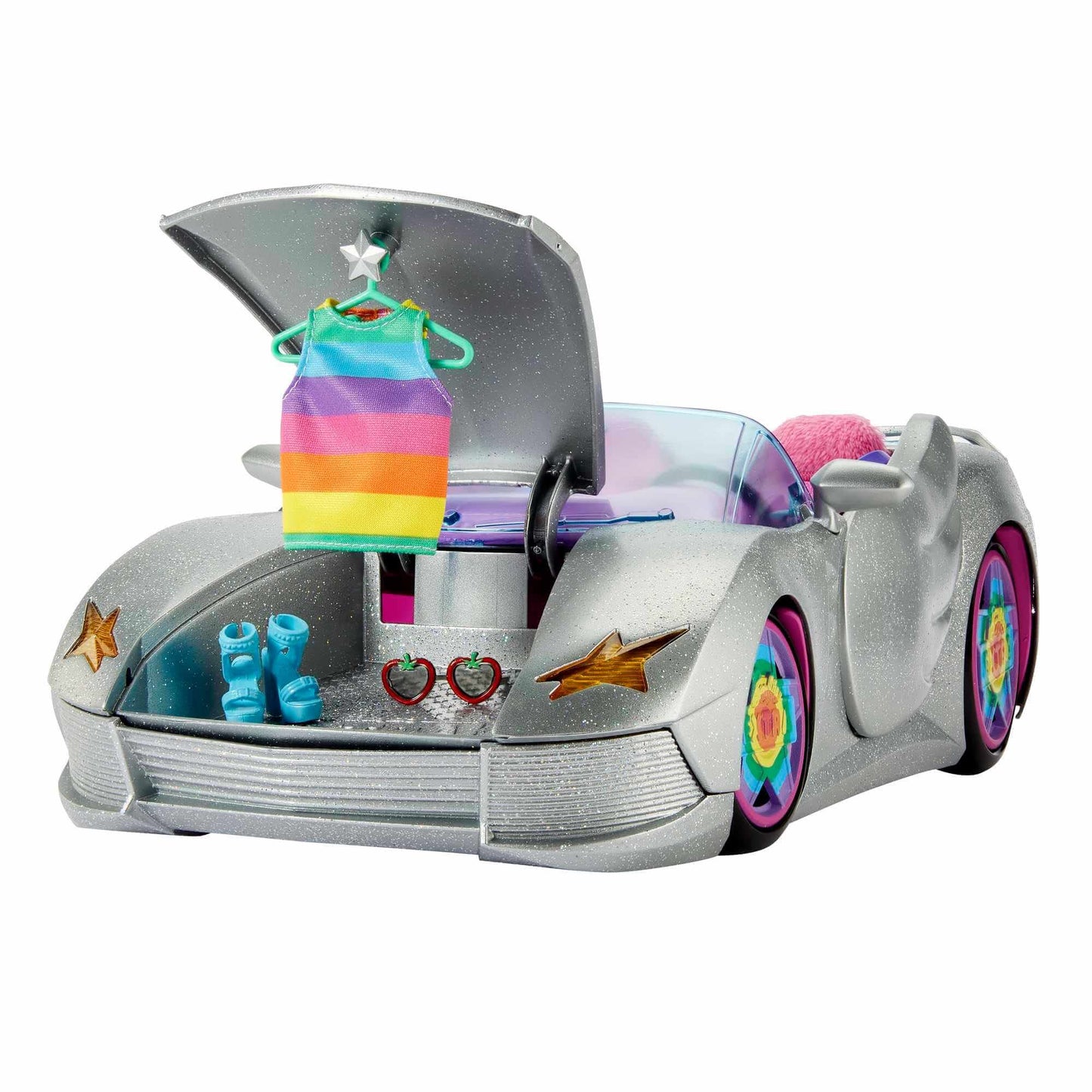 Barbie Extra Toy Car with Fashion Accessories & Puppy, Sparkly Silver 2-Seater Convertible with Hood Storage & Pet Pool, Sized for Fashion Dolls