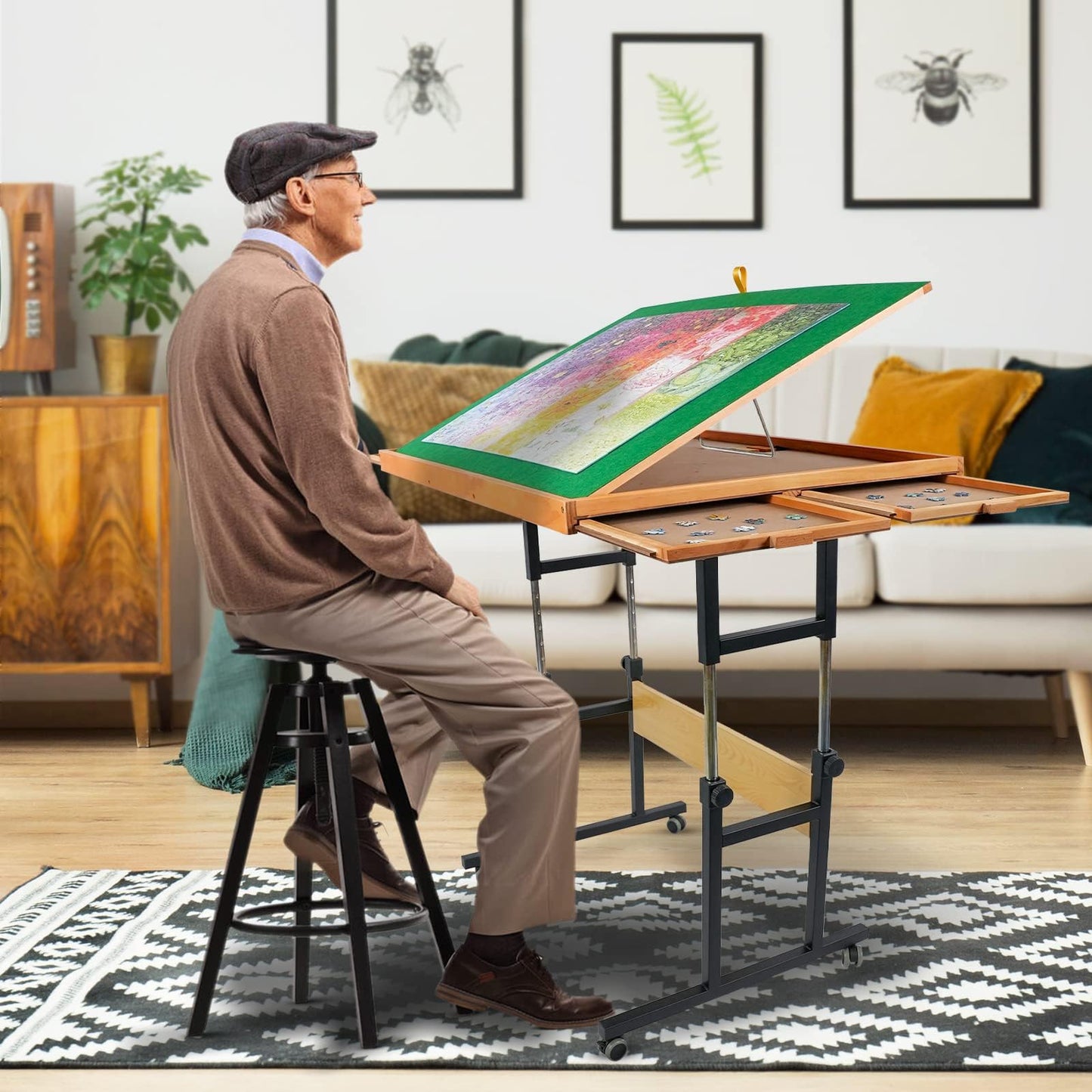 ALL4JIG 1500-Piece Jigsaw Puzzle Table – 25"x34" Adjustable Wooden Table with 3 Tilt Angles, 4 Drawers & Cover, Portable Puzzle Board Gift