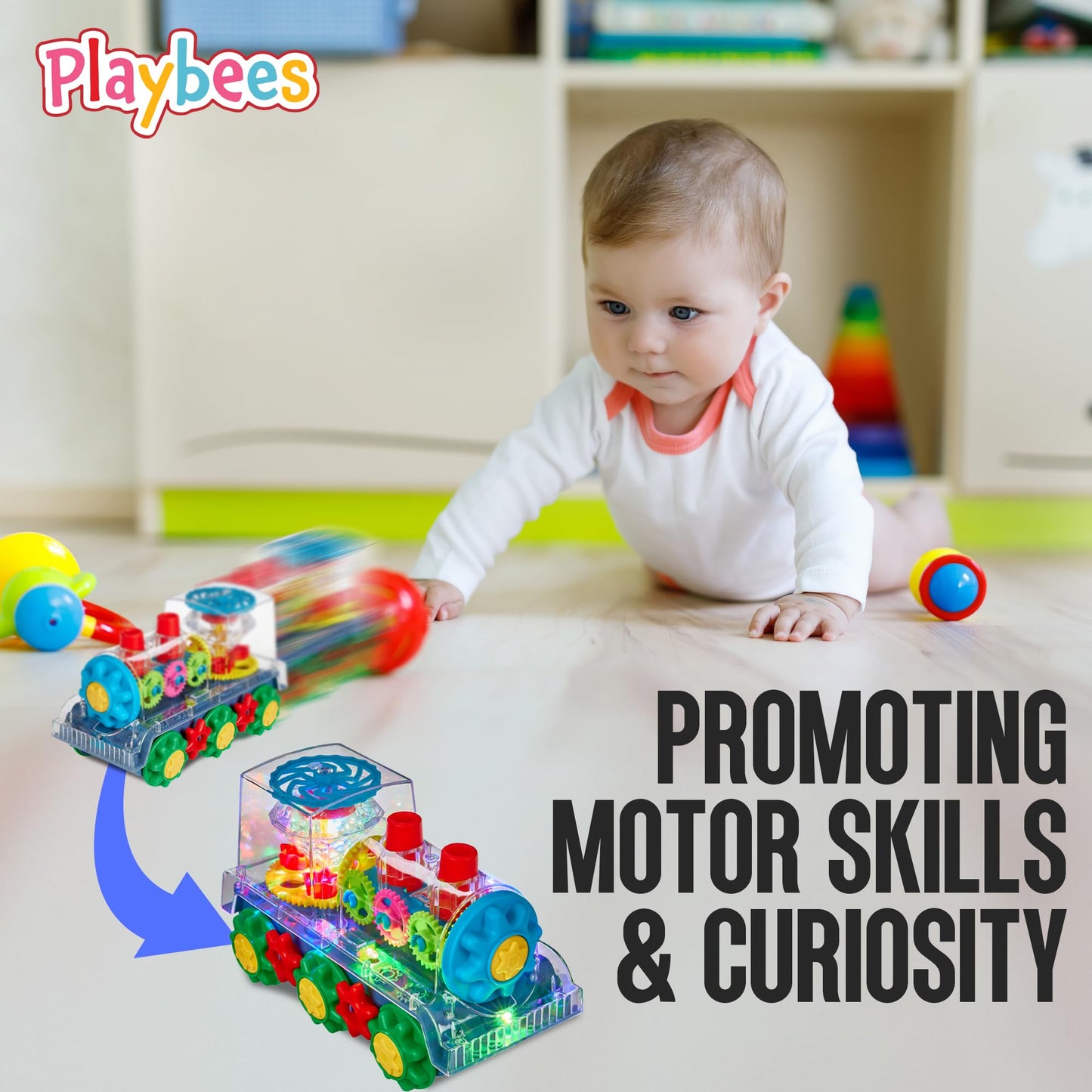Playbees Light-Up Train Toy for Kids | Transparent Gear Cars, Flashing Lights, Music & Educational Crawling Fun, Battery Operated Birthday Gift