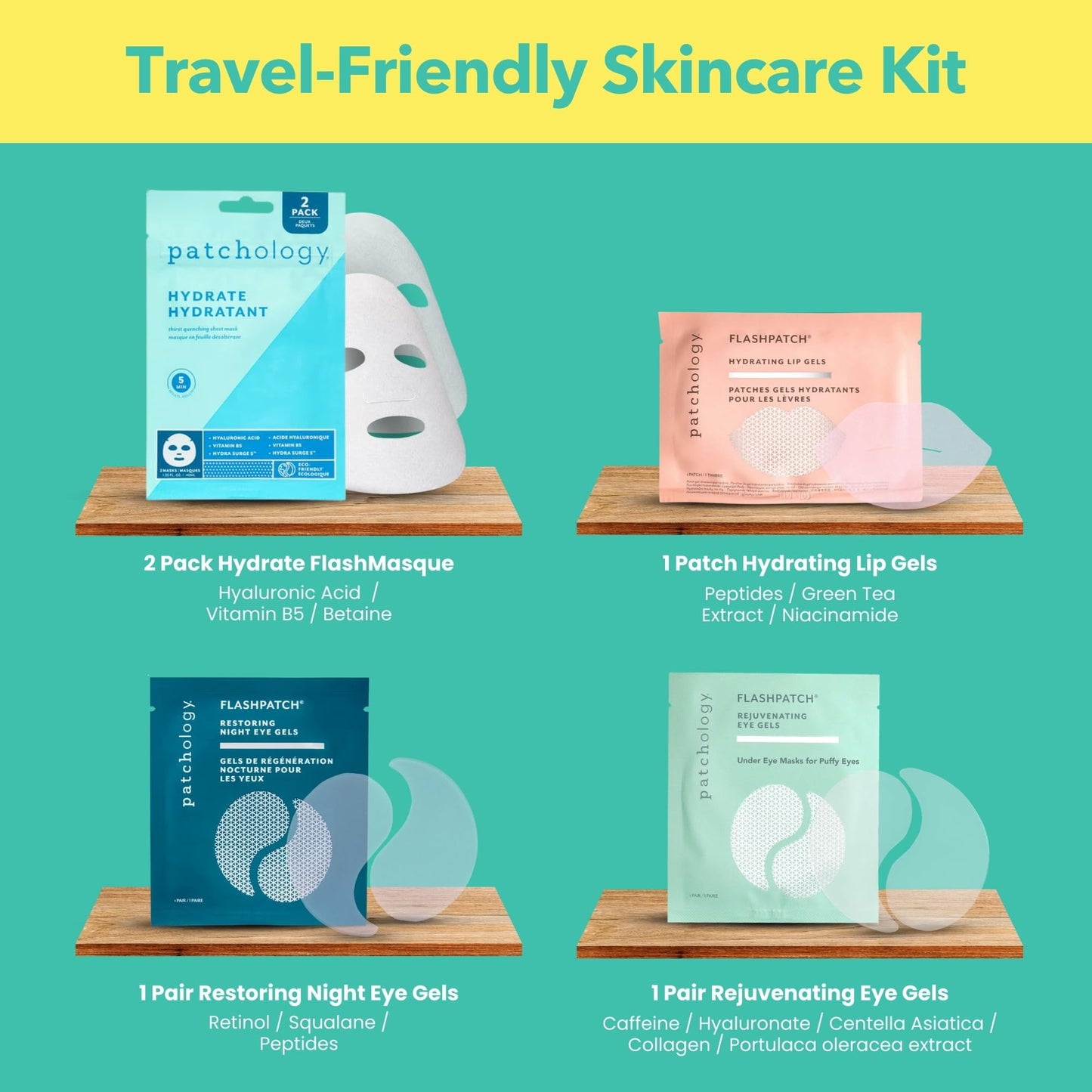 Patchology On The Fly Travel Facial Kit – Hydrating Sheet Masks & Patches for Face, Eyes & Lips, Travel-Friendly Skincare Essentials