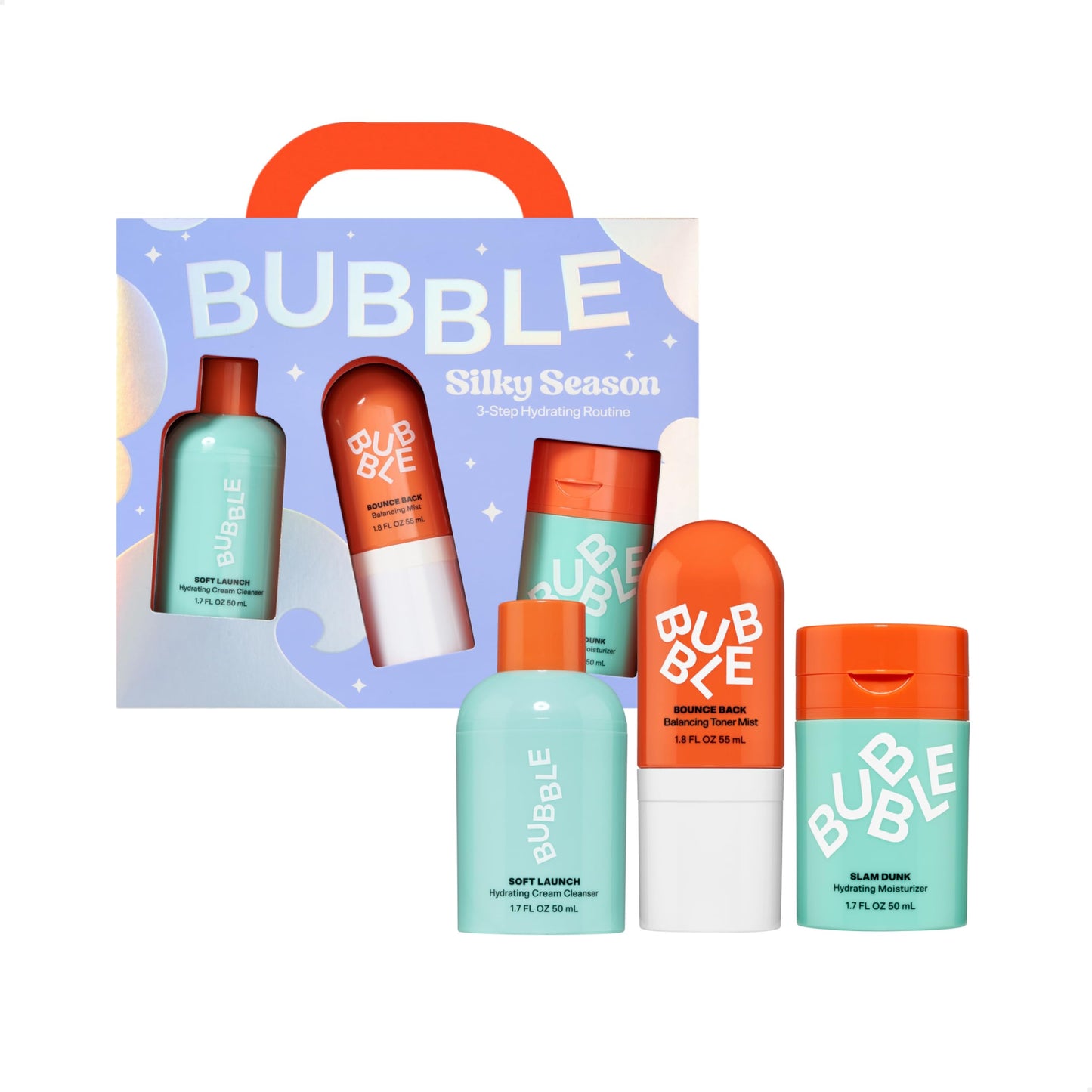 Bubble Skincare Silky 3-Step Hydrating Set for Dry Skin – Travel Size Cleanser, Toner & Moisturizer, 3-Piece Soft Launch Kit