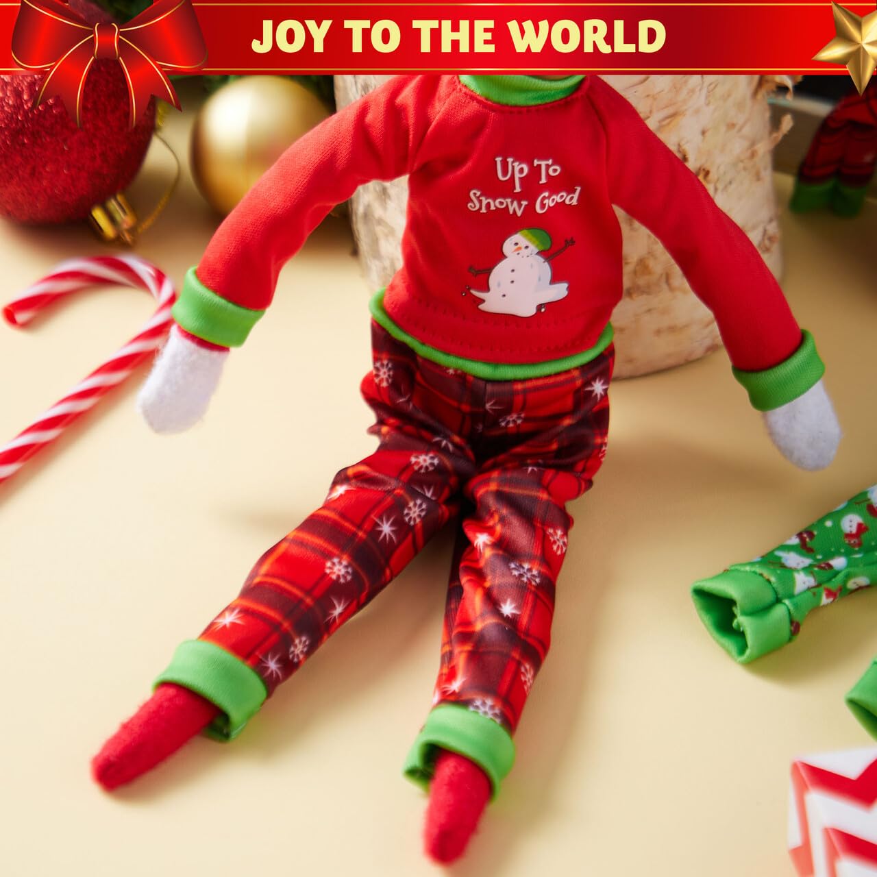 JOYIN 4-Pc Christmas Elf Doll Clothes Set – Ugly Sweaters for Santa, Snowman & Dolls, Red & Green Holiday Pajamas Decor