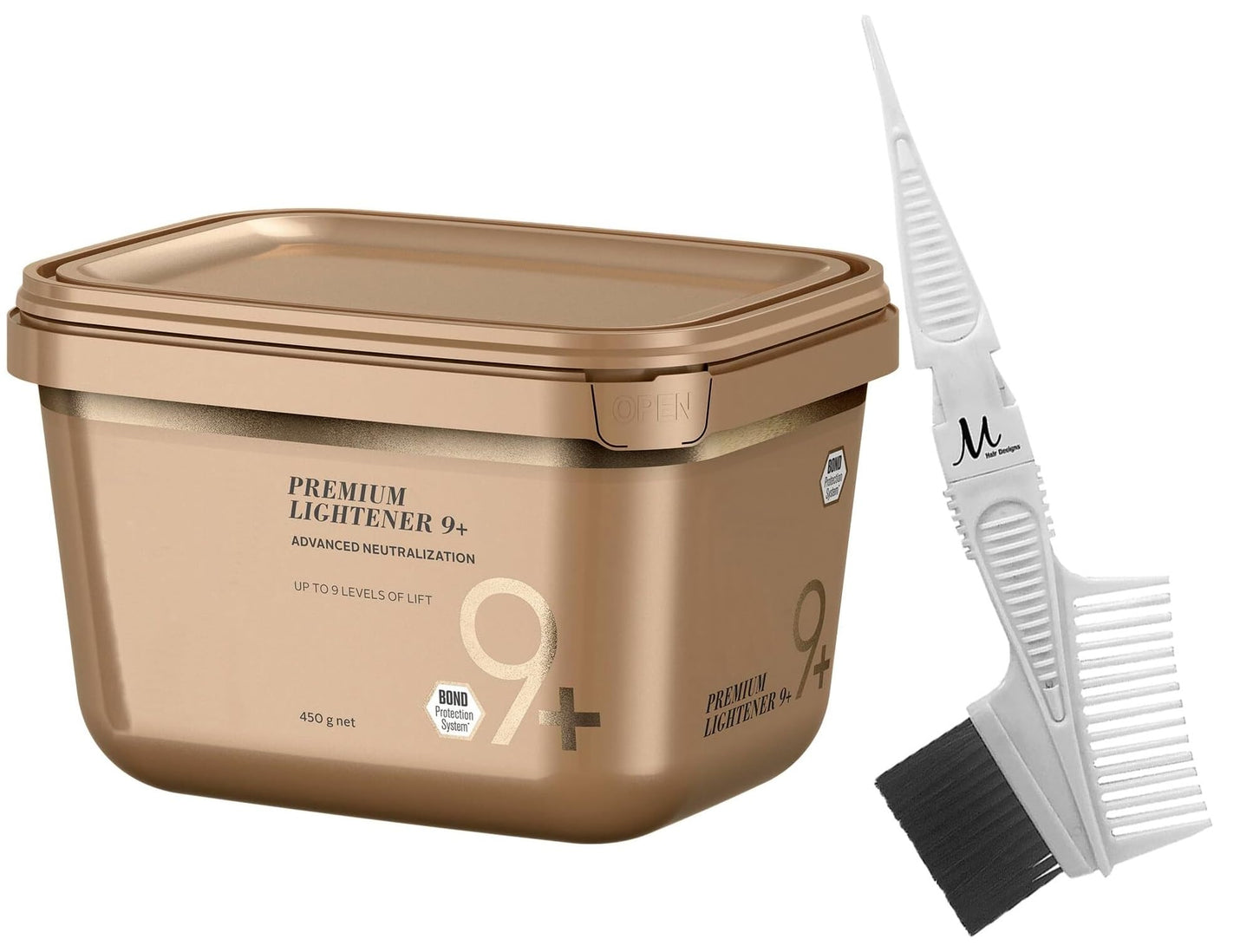 BlondeMe Lightener Powder 9+ Premium Bleach 450 grams and M Hair Designs Tint Brush Comb (Bundle)