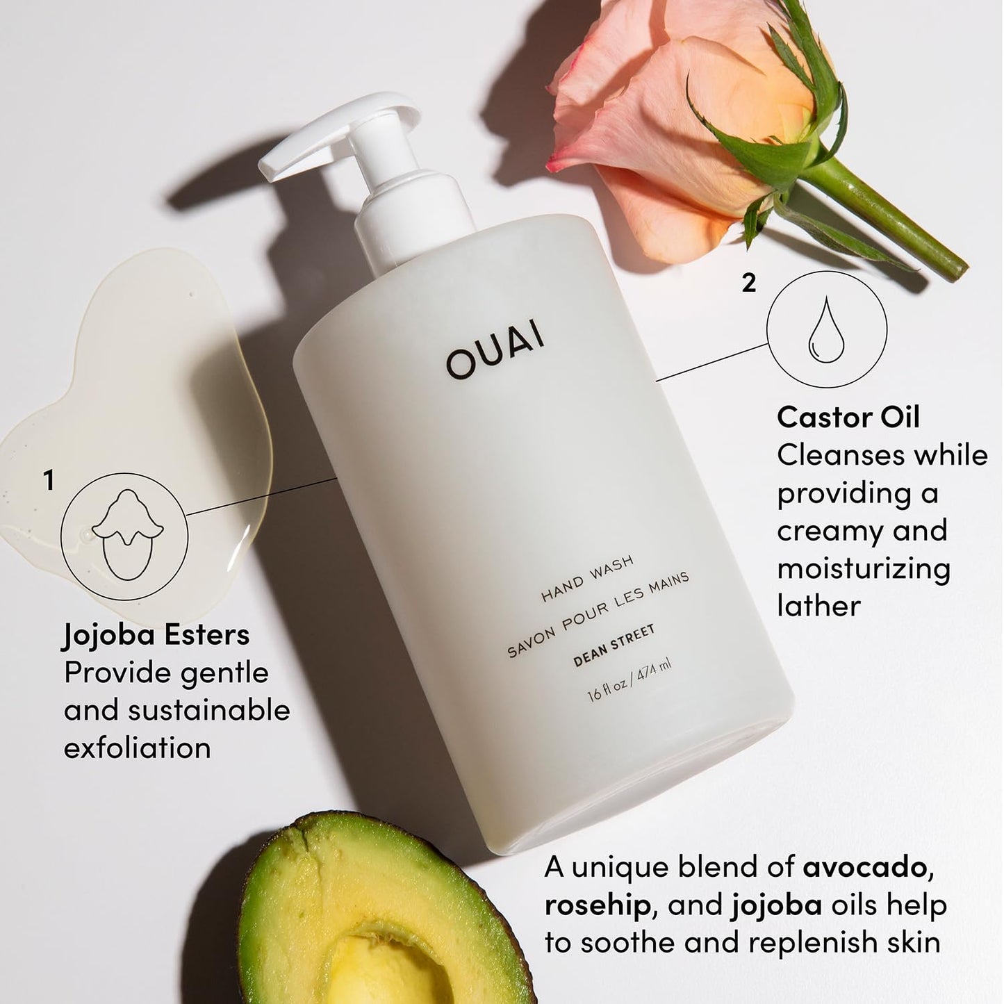 OUAI Dean Street Hand Wash – Liquid Soap with Jojoba, Avocado & Rose Hip Oil, Gentle Exfoliating Hand Soap for Kitchen & Bathroom, 16 fl oz