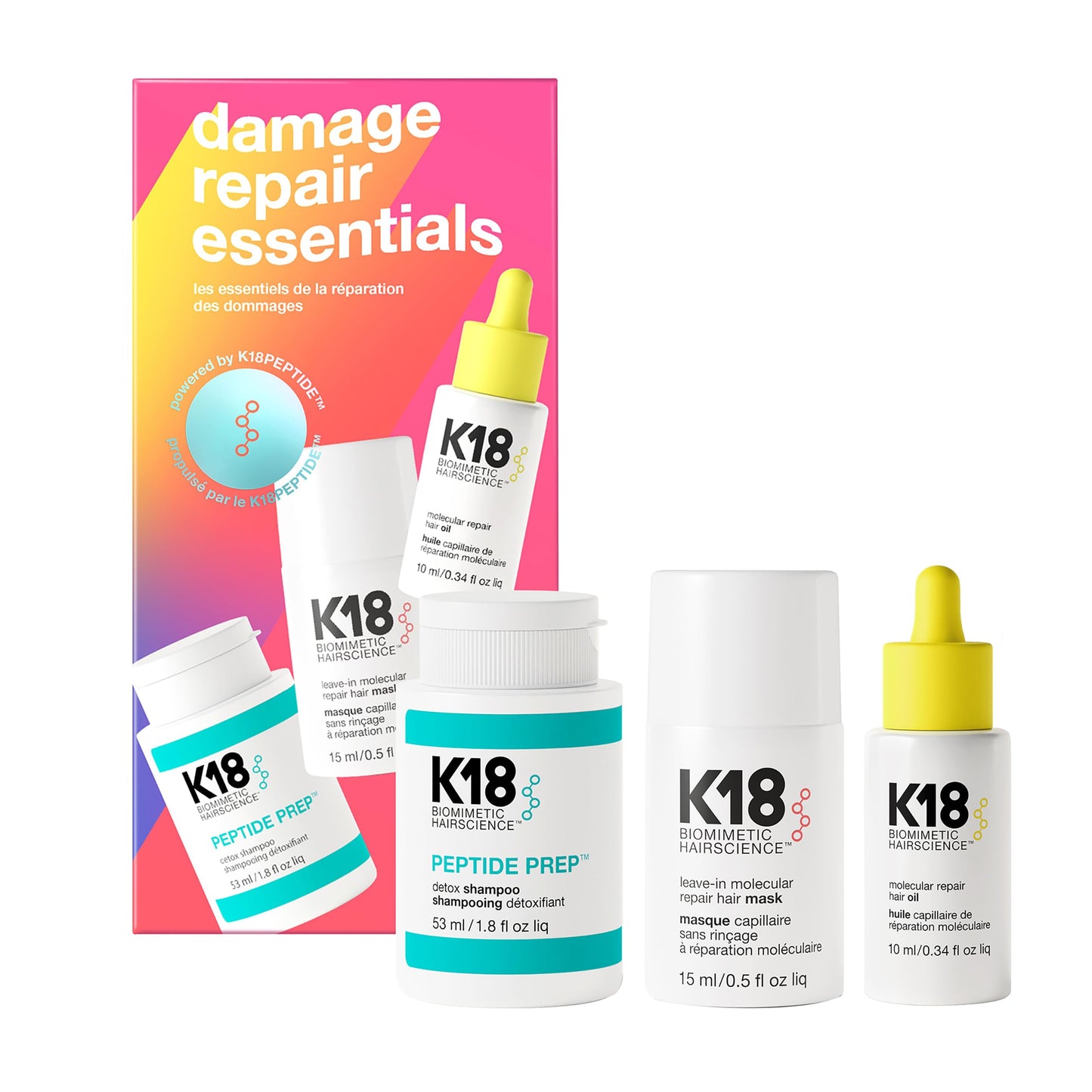 K18 Damage Repair Essentials Kit, Travel-Friendly Trio Featuring Mini Hair Mask, Mini Hair Oil & Detox Shampoo