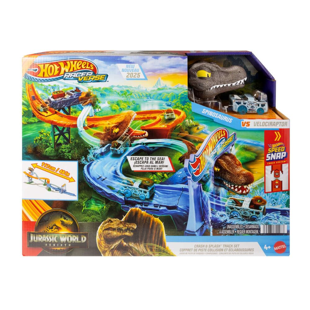 Hot Wheels Toy Car Track Set, RacerVerse Jurassic World Crash & Splash Playset with Die-Cast Velociraptor Vehicle, Dinosaur Race with Spinosaurus