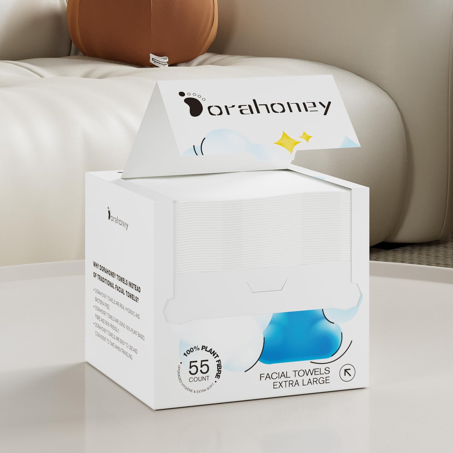 Dorahoney Disposable Face Towels 12"x12" – Ultra Soft, Extra Large Facial Wipes for Sensitive Skin & Makeup Removal, 55 Count