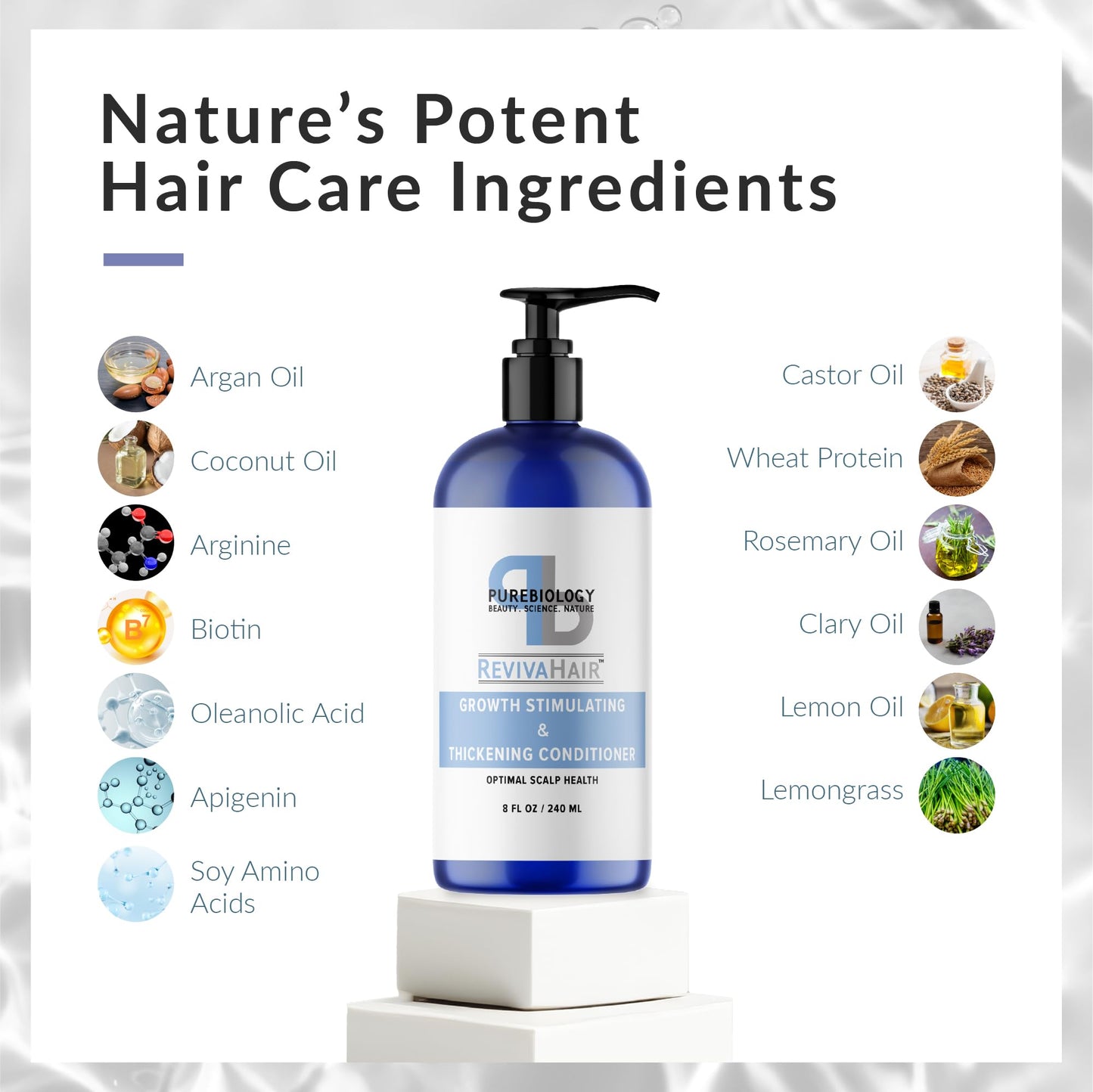 Pure Biology 8 Fl Oz Biotin Volumizing Hair Conditioner with Coconut, Argan & Rosemary Oils for Thinning and Dry Hair