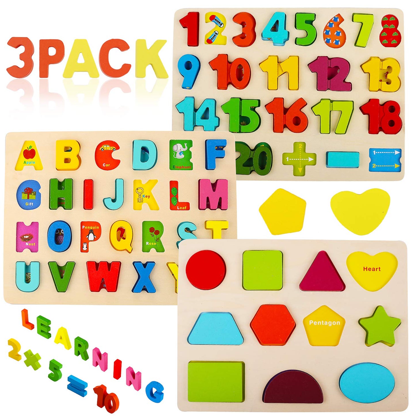 Voamuw Wooden Puzzles for Toddlers – Alphabet, Number & Shape Learning Jigsaw, Montessori Educational Toy for Kids Ages 3-5, Boys & Girls