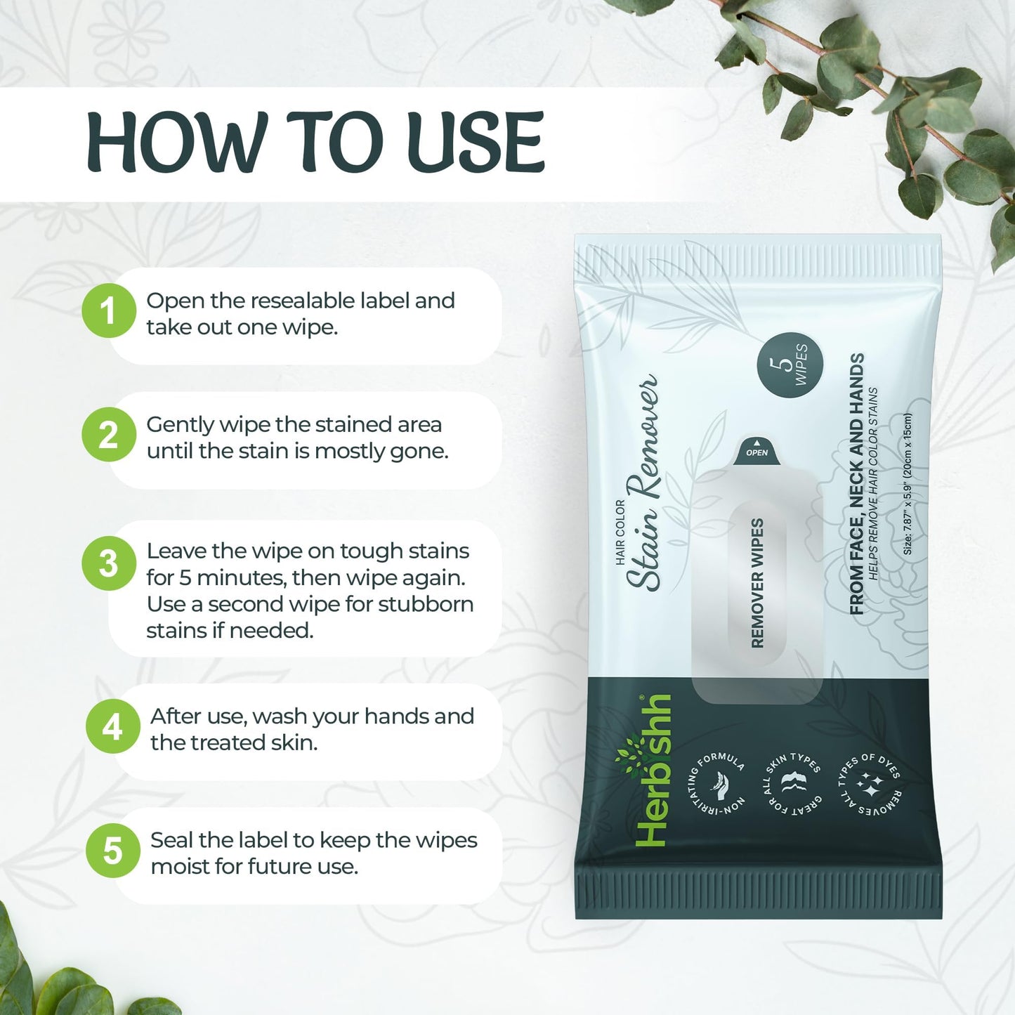 Herbishh Hair Color Stain Remover Wipes - Gentle Formula for Dye Cleanup, Skin-Friendly Travel Pack (Pack of 5)