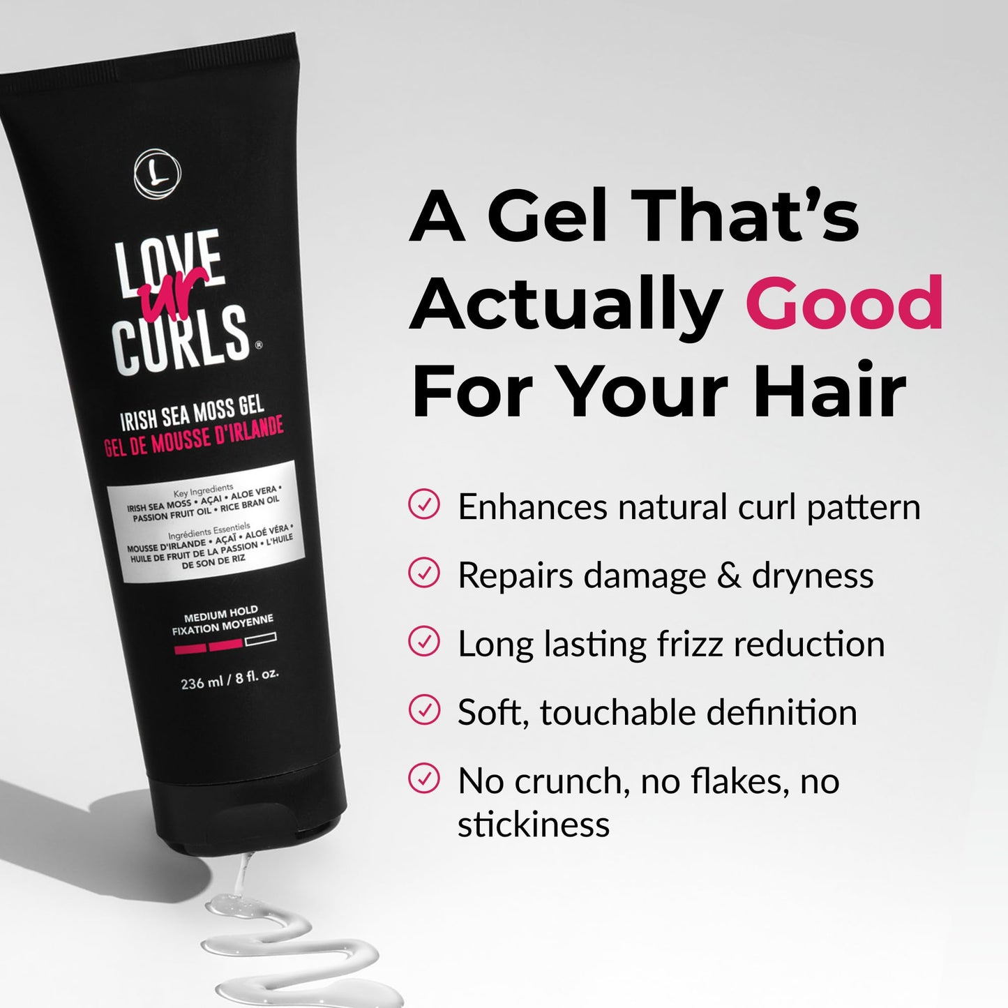 Love Ur Curls Irish Sea Moss Hair Gel, Medium Hold Hair Styling Curling Gel for Defined Curly Hair, Waves & Coils, Vegan, Cruelty Free, 236mL