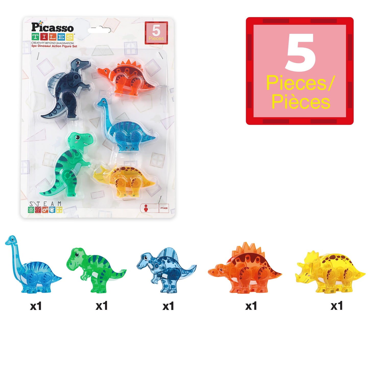 PicassoTiles Dinosaur Magnetic Tile Accessory Set – Mix & Match Dino Parts for STEM Building, Creative Pretend Play Toy for Kids 3+