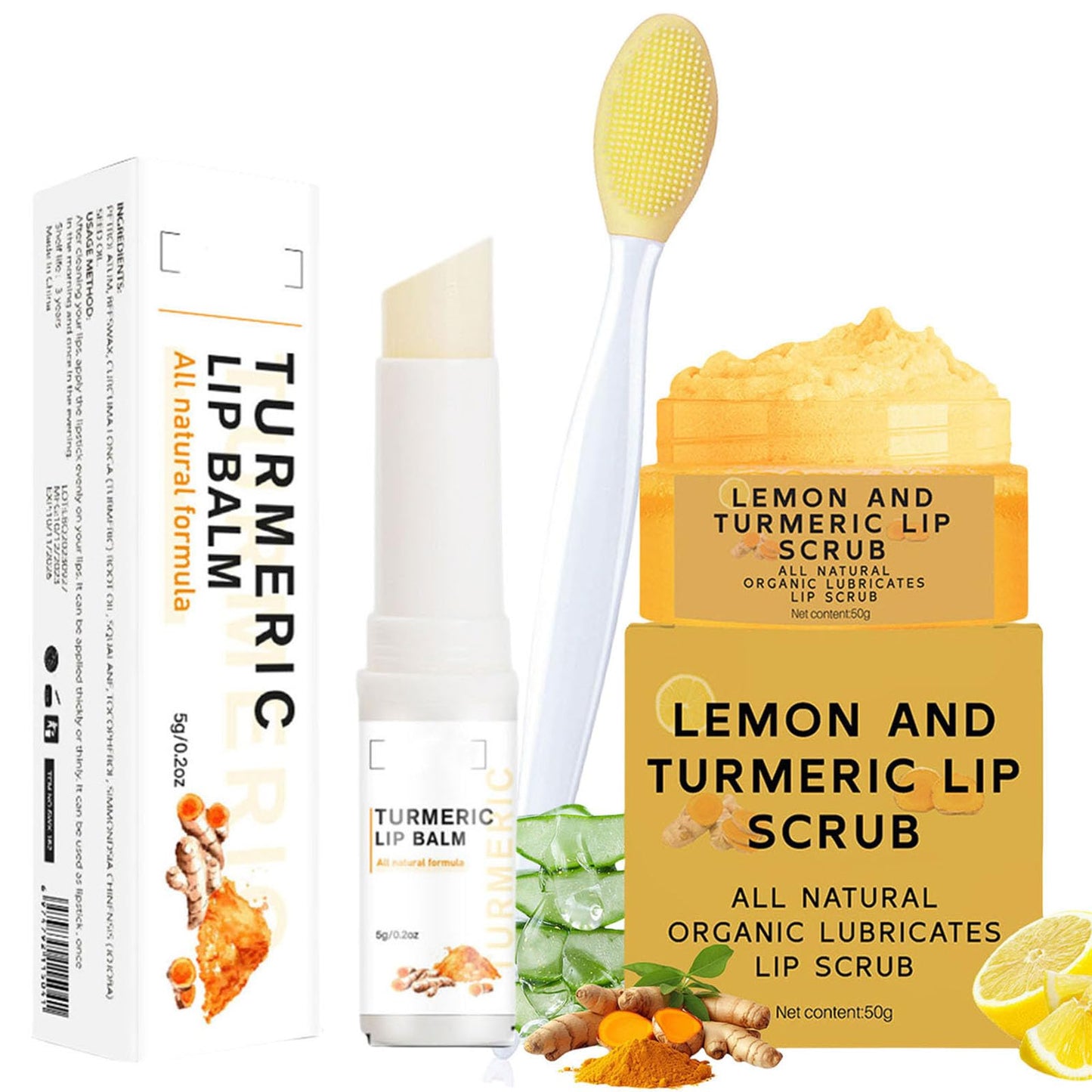 Turmeric Lemon Lip Scrub & Balm Set with Brush – 3PCS Natural Exfoliator & Moisturizer for Dark, Dry, Chapped Lips