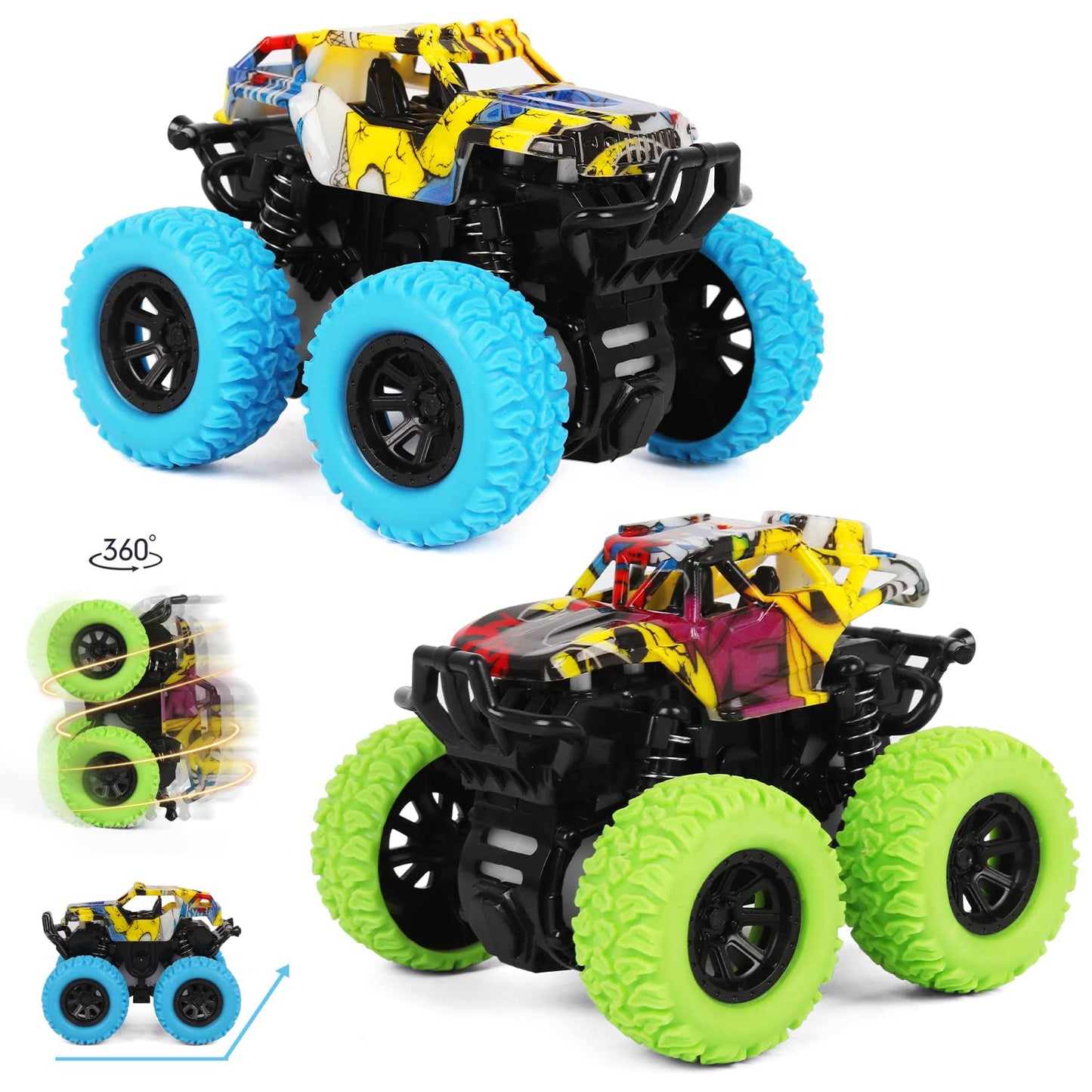M SANMERSEN Monster Truck Toys for Toddlers 2-4, Friction Push & Go 360° Stunt Cars, 2-Pack Blue & Green Gift Set for Boys & Girls