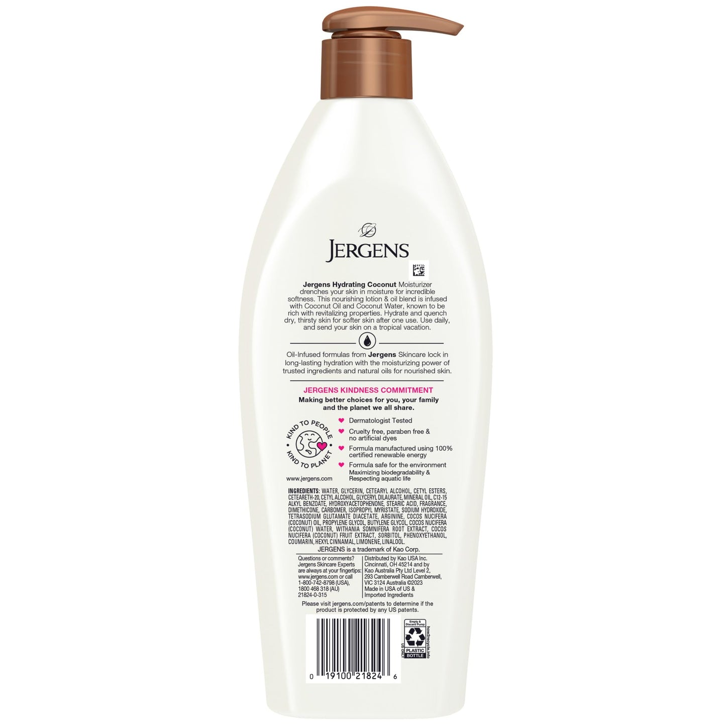 Jergens Hydrating Coconut Body Lotion, Hand and Body Moisturizer, Infused with Coconut Oil, Hydrates Dry Skin Instantly, Dermatologist Tested, 16.8 oz