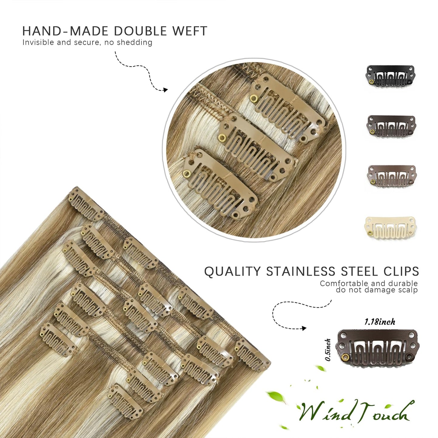 WindTouch Real Human Hair Clip-in Extensions 15” 75g 7PCS – Balayage Mixed Bleach Blonde Highlights, Straight Hair Extensions for Women