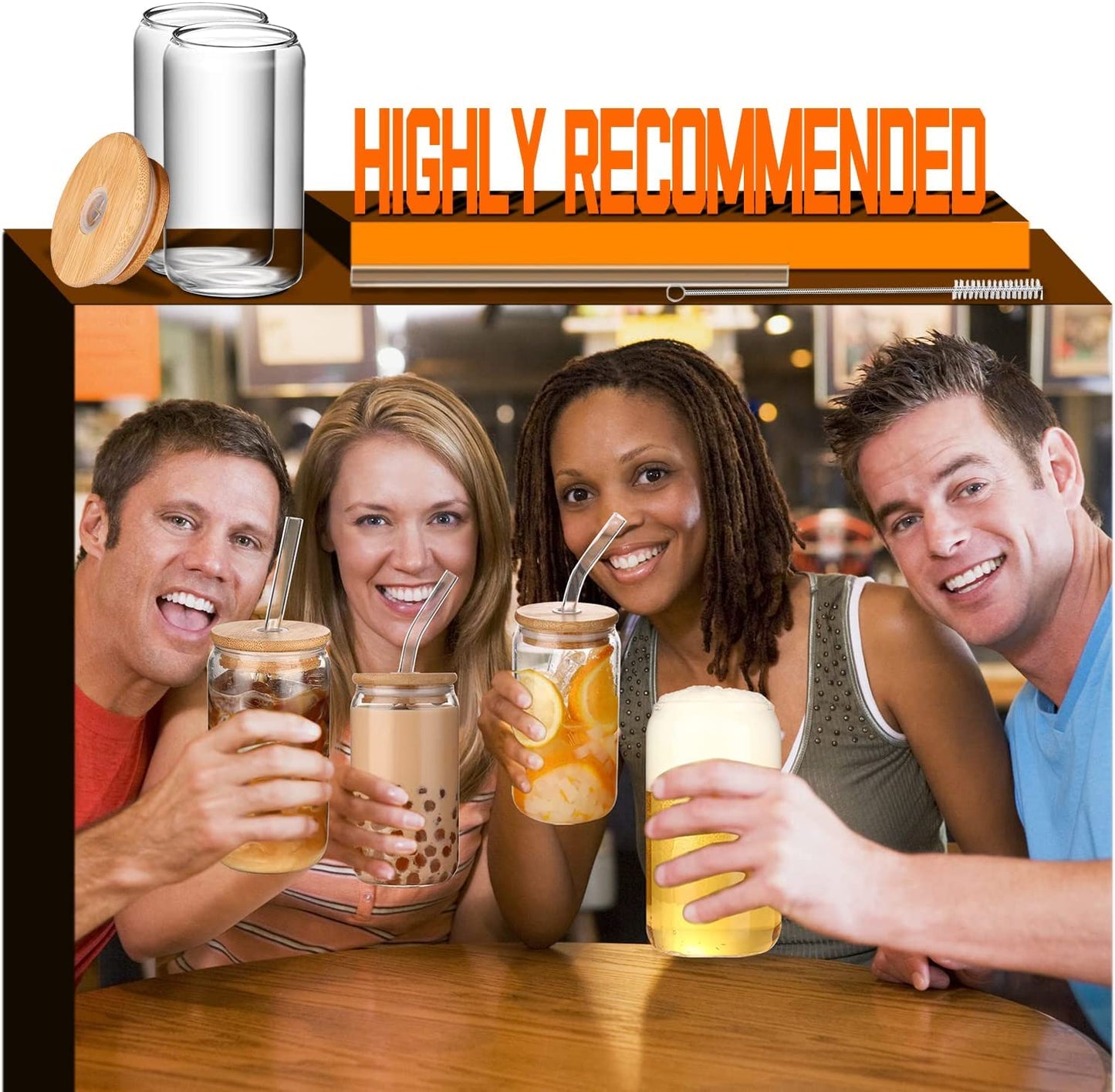 DWTS DANWEITESI 16oz Glass Cups with Lids & Straws – Set of 4 Reusable Tumblers for Iced Coffee, Bar & Gift Use