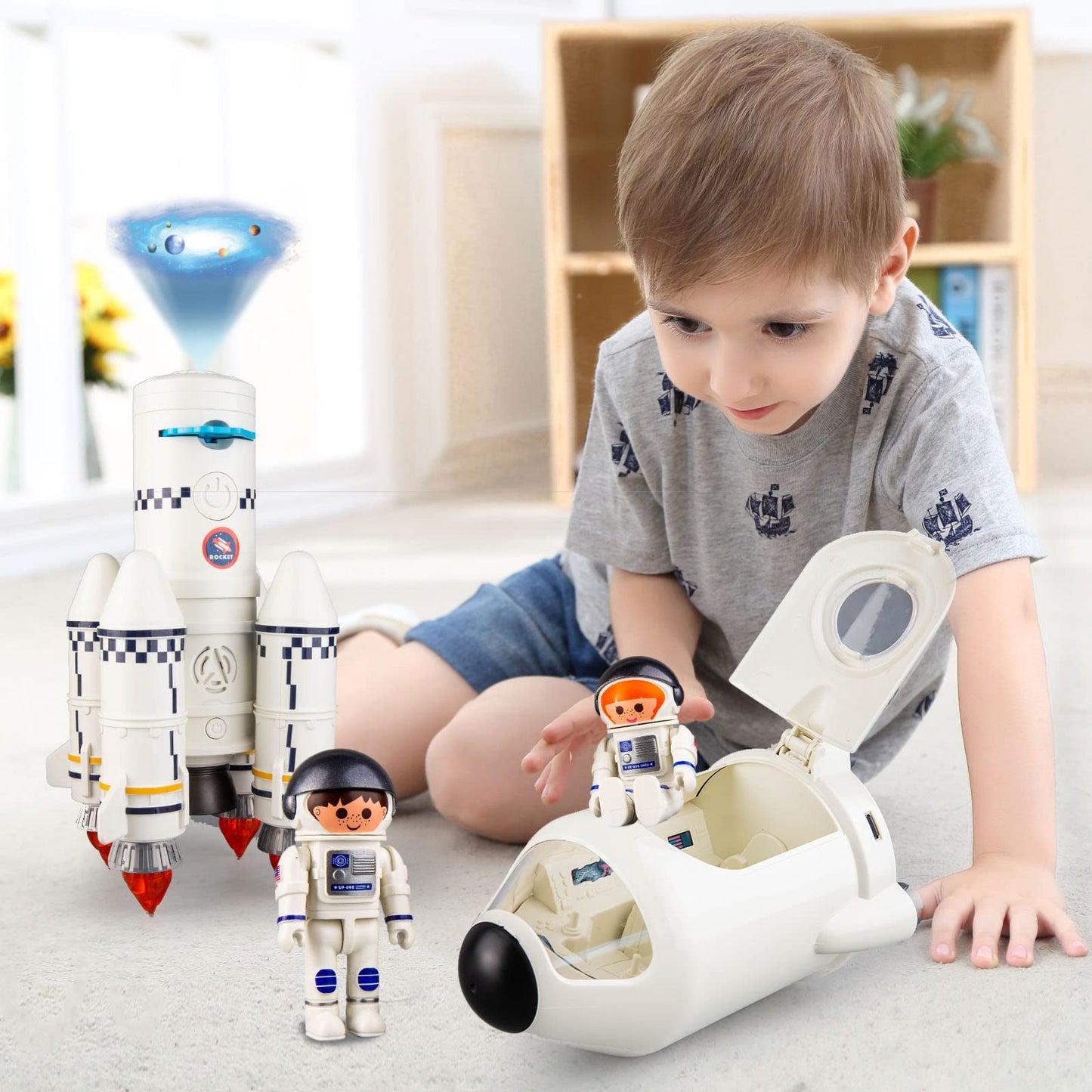 WAKAKAC Space Rocket Toys for Kids - 5-in-1 Adventure Set with 2 Astronauts, Projection Lamp & Space Shuttle Model Gift for Boys & Girls 3+