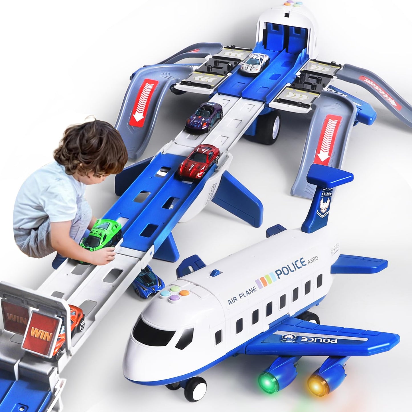 Airplane Toy Race Track Playset for Kids – Foldable 4-Layer Transport Plane with 6 Cars, Toddler Car Ramp Toy for Boys & Girls Ages 3-6, Birthday Gift