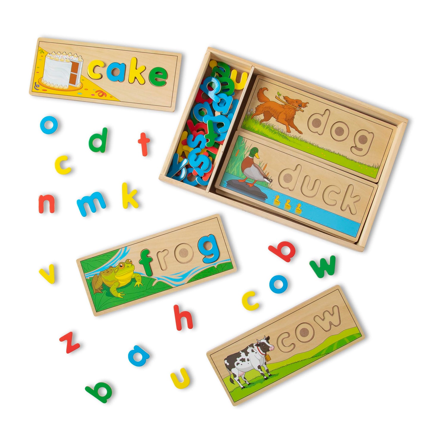 Melissa & Doug See & Spell – Wooden Educational Toy with 8 Double-Sided Boards & 64 Letters, Preschool Learning Activity for Kids Ages 4+