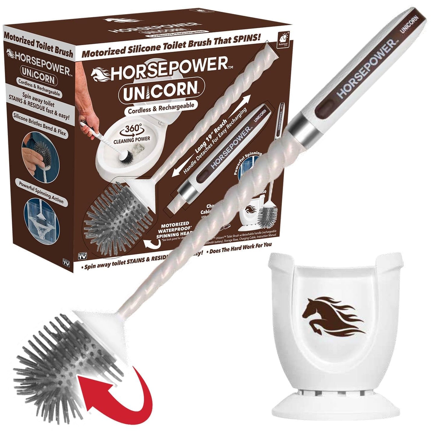 Horsepower Unicorn Motorized Toilet Brush, 360° Spinning Silicone Bristles, Powerful Stain Removal, No Scrubbing, Rechargeable, As-Seen-On-TV