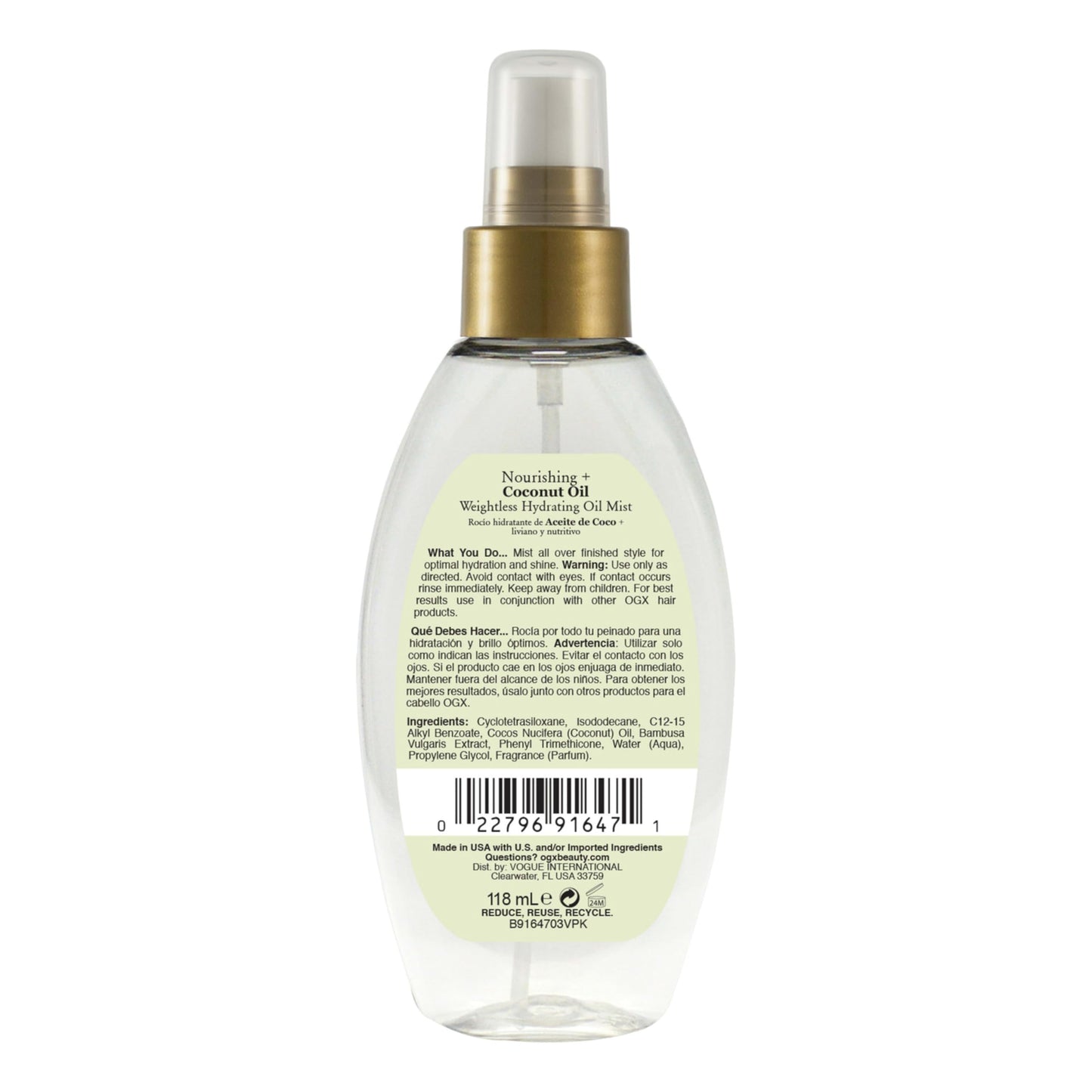 OGX Nourishing + Coconut Oil Weightless Hydrating Hair Mist, Leave-In Treatment with Bamboo Extract, Paraben & Sulfate-Free, 4 Fl Oz