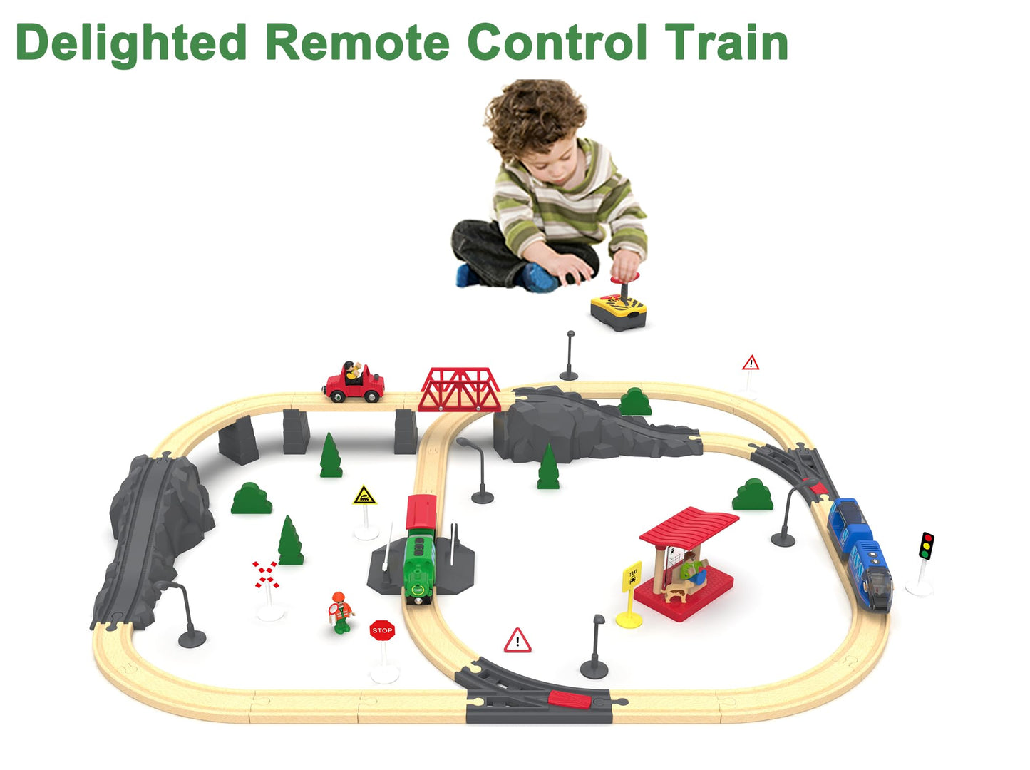 Wooden Battery Operated Locomotive Train with Remote Control – Fits All Major Track Sets, Powerful Engine (Batteries Not Included)