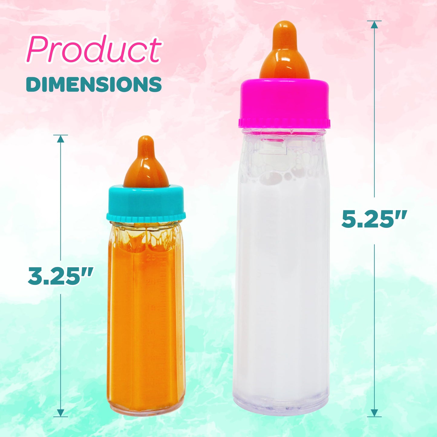 4E's 2-Pack Baby Doll Bottles with Magic Disappearing Milk & Juice – Doll Accessories Toy for Toddlers & Kids, Gift for Ages 3-7