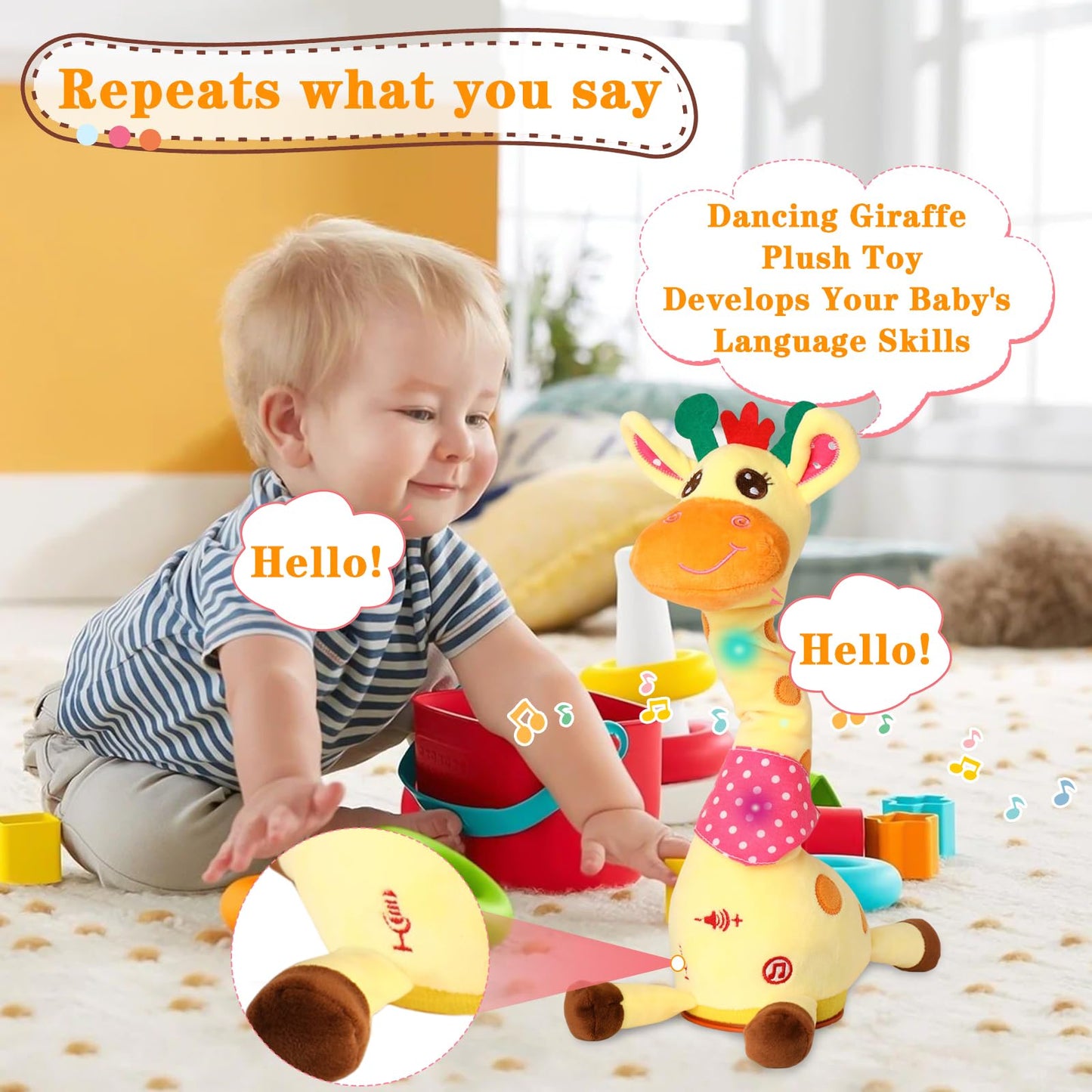 LLUKEME Dancing Talking Giraffe Toy – Stuffed Animal, Musical Light-Up Plush, Repeats What You Say, Fun Gift for Toddlers 1-3