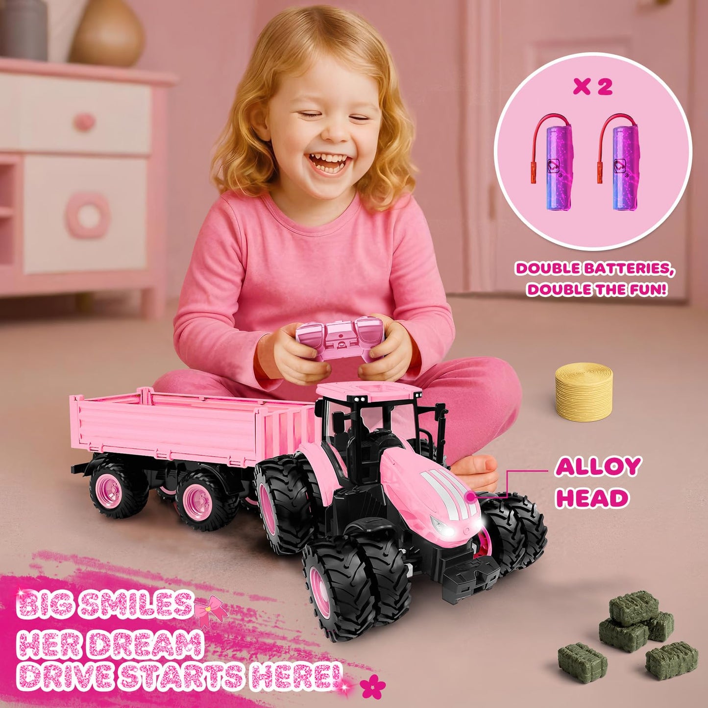 Remote Control Tractor Toy 2025 – RC Tractor, Truck & Trailer with Front Loader, 8-Wheel Lights, Metal Farm Vehicle for Kids 3-9, Pink Gift
