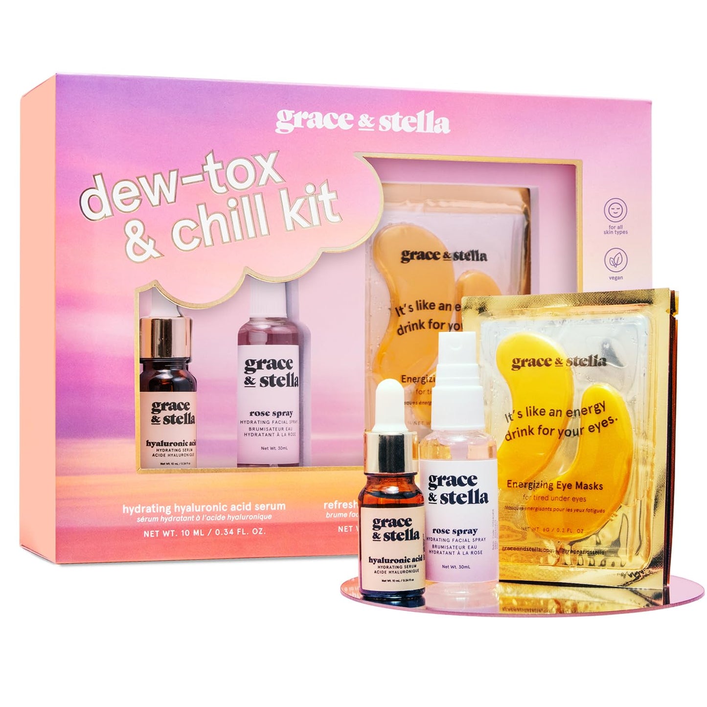 grace & stella Award-Winning Skincare Gift Set – Travel Essentials with Gold Eye Masks, Hyaluronic Acid Serum & Rose Spray – Holiday & Birthday Gift for Women