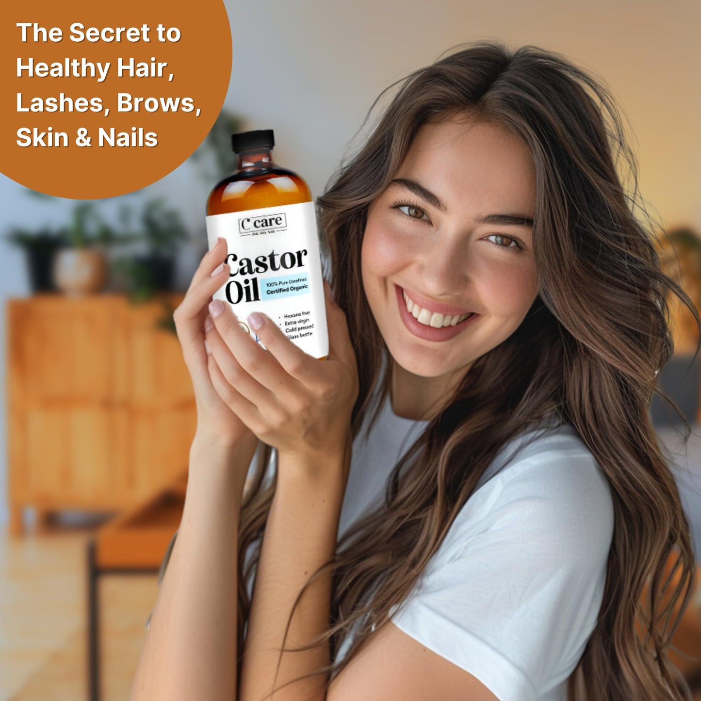 C CARE 100% Pure Organic Castor Oil, Cold Pressed & Unrefined, USDA Certified, Hexane-Free Extra Virgin Oil for Hair, Skin, Lashes & Brows, 16oz