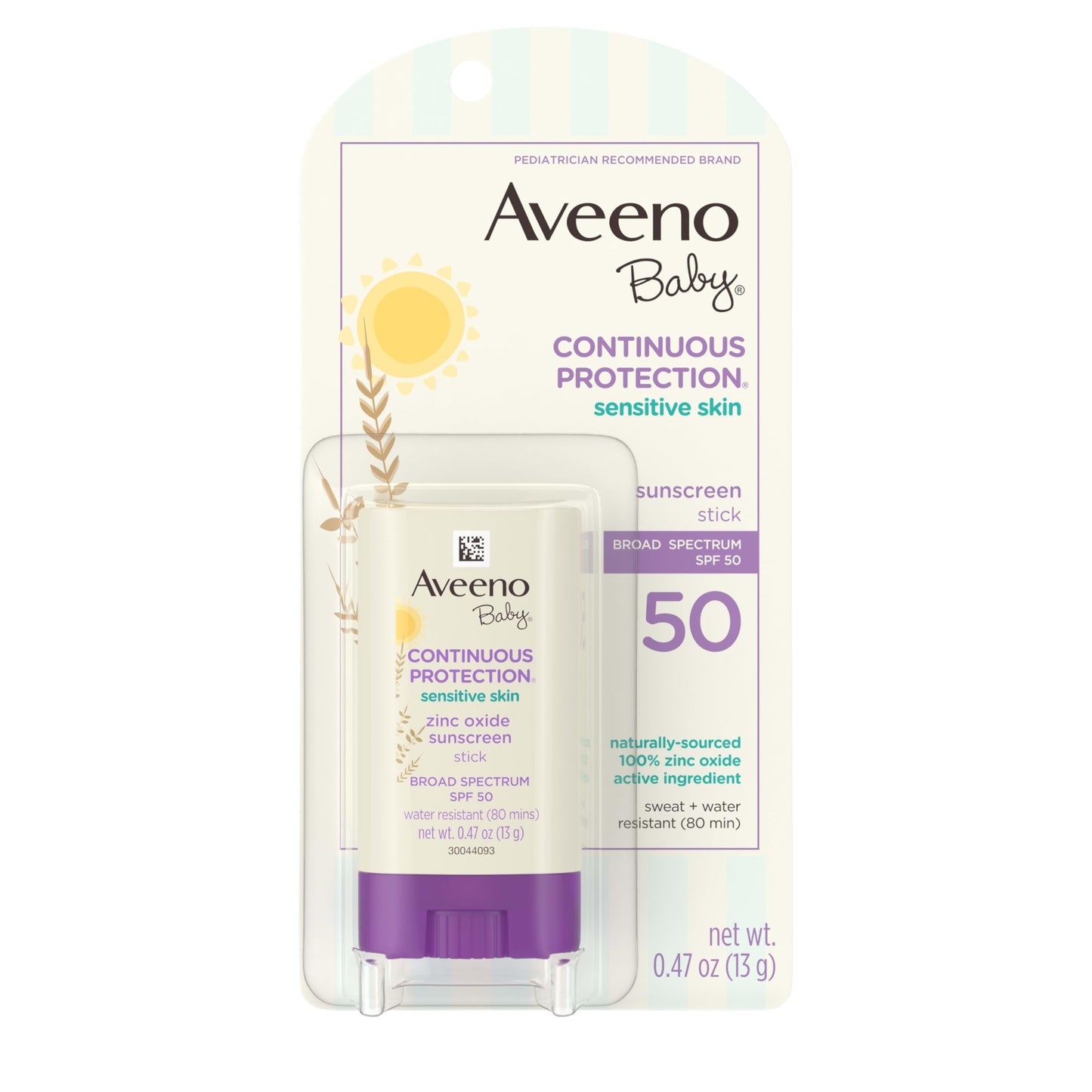 Aveeno Baby Mineral Sunscreen Stick SPF 50 for Sensitive Skin, 100% Zinc Oxide, Broad Spectrum Face & Body Sunblock, Travel Size 0.47 oz