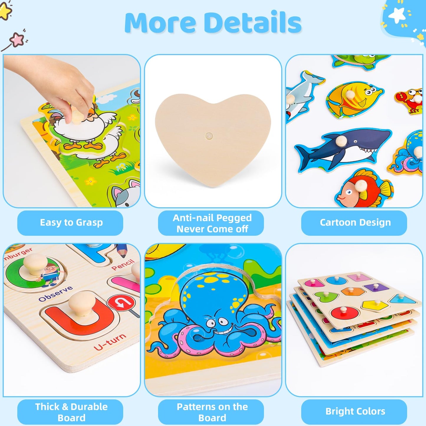 Wooden Peg Puzzles for Toddlers – 4 Pack Montessori Learning Toys with Animals, Shapes & Alphabet, Educational Gifts for Kids Ages 1-4