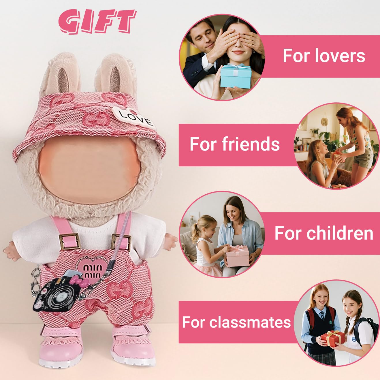 Ariker 4-Piece Doll Clothes Set for 15-17cm Labubu Dolls – Pink Outfit with Top, Overalls, Hat & Handbag (No Doll/Shoes) AK060PK