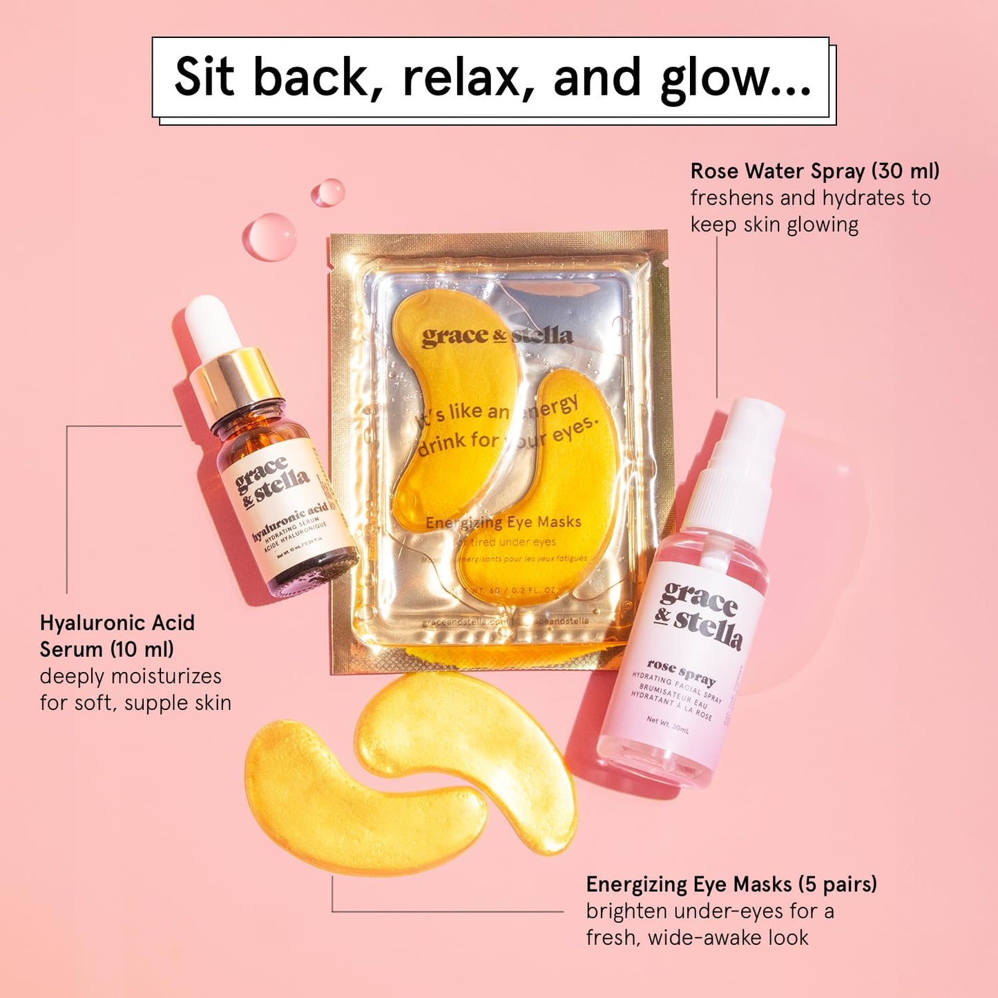 grace & stella Award-Winning Skincare Gift Set – Travel Essentials with Gold Eye Masks, Hyaluronic Acid Serum & Rose Spray – Holiday & Birthday Gift for Women