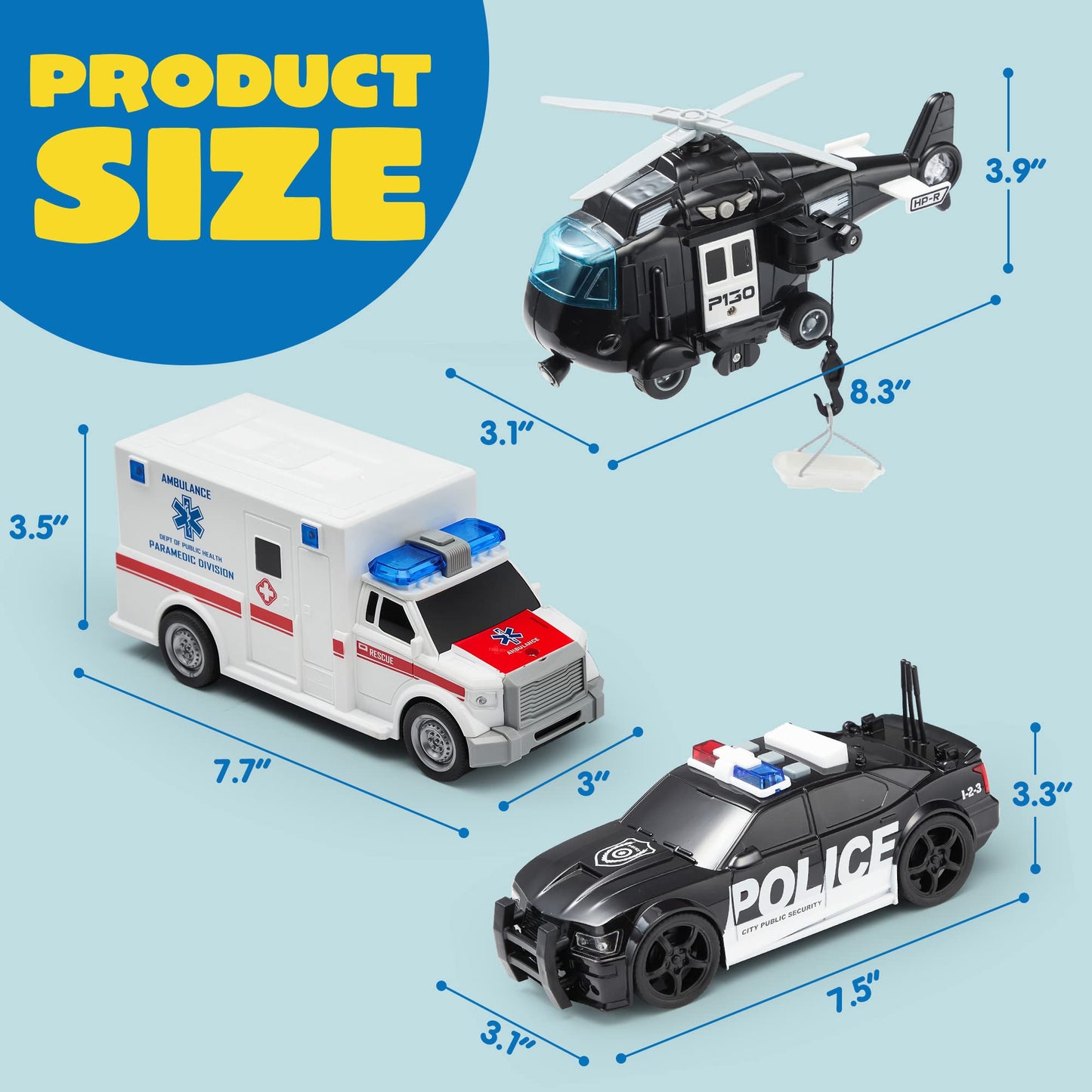 JOYIN Toddler Truck Toy Set for Boys & Girls 3-9 – Friction Powered Police & Emergency Vehicles with Lights & Sounds, Birthday & Christmas Gift